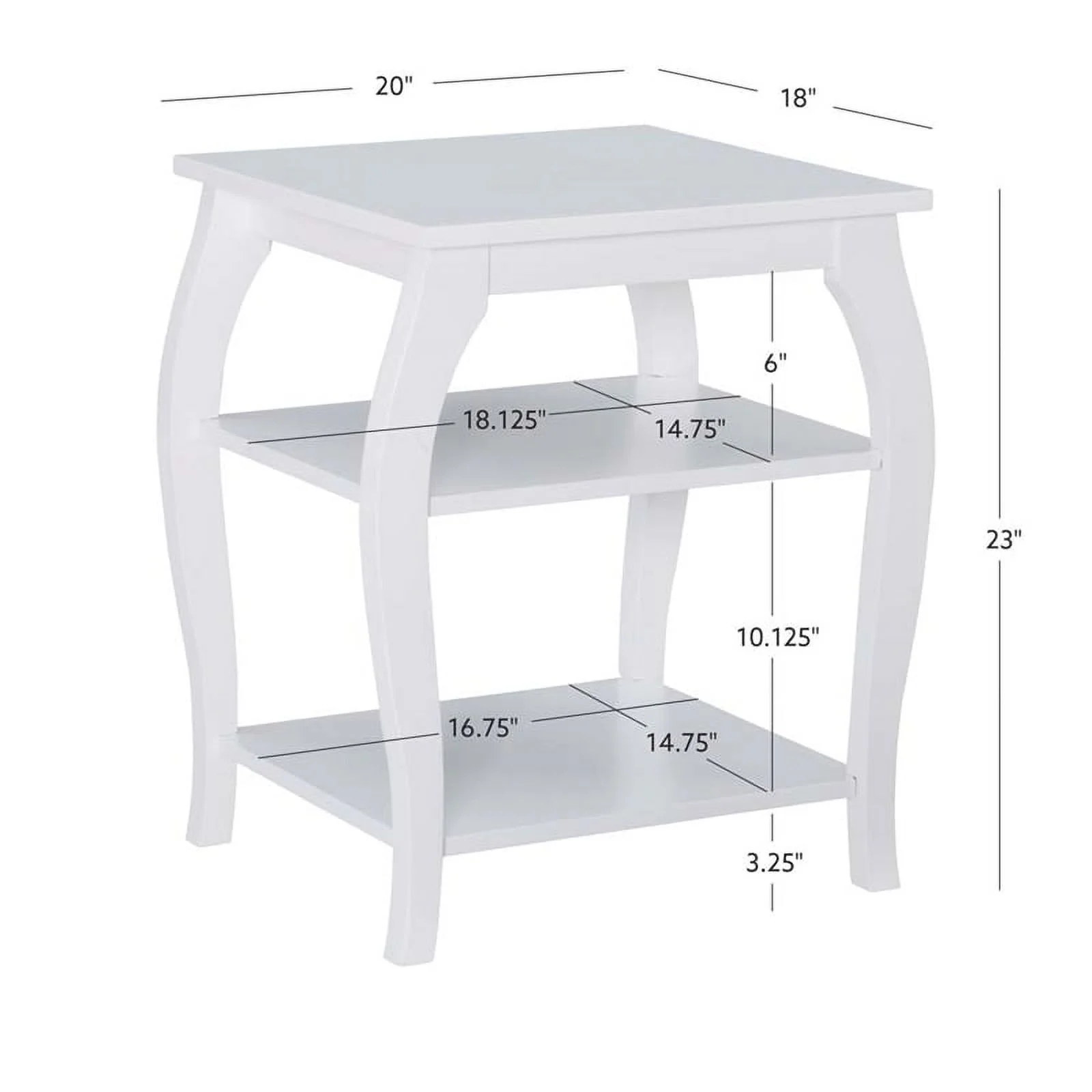Linon Regan Wood Side Table Curved Legs 2 Spacious Shelves in White Finish
