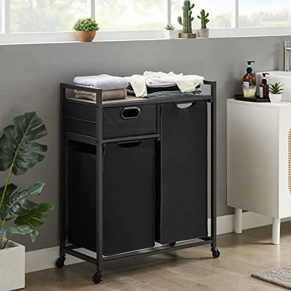 Transitional Laundry Hamper Cart  Laundry Basket with  Laundry Sorter 2 Section with Wheels Metal Frame Removable Bags and 1 Drawer  Organization  with Handles for Dirty Clothes Hampers