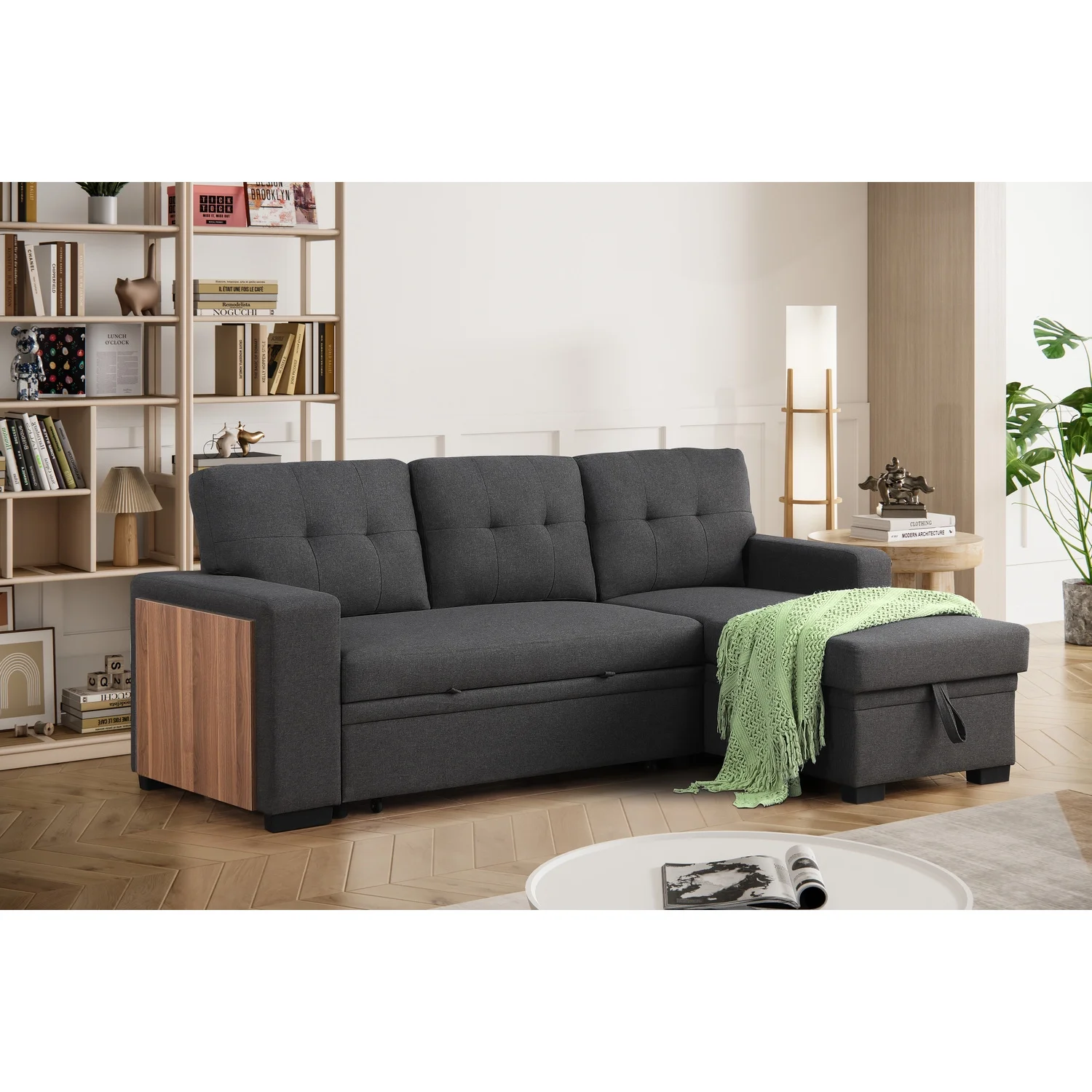 HomeStock Fabric Reversible Modern Side Compartment Sleeper Sectional Sofa Bed-Dark Gray