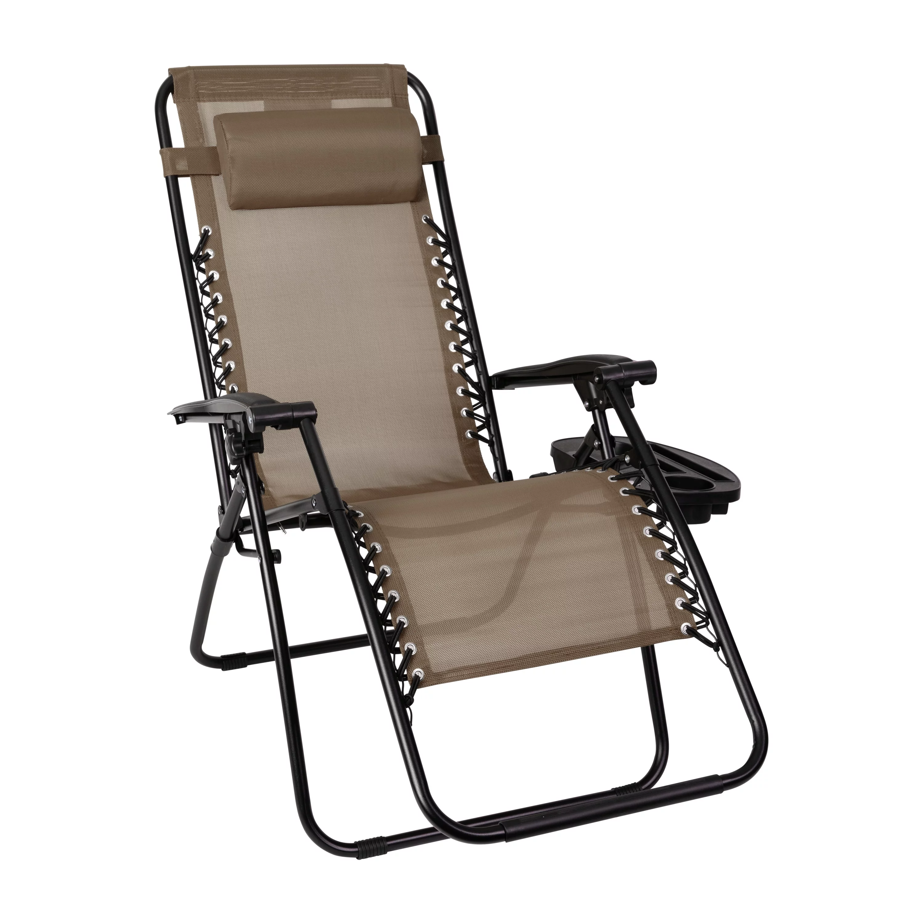 Emma + Oliver Adjustable Folding Mesh Zero Gravity Chair with Pillow and Cup Holder Tray in Brown