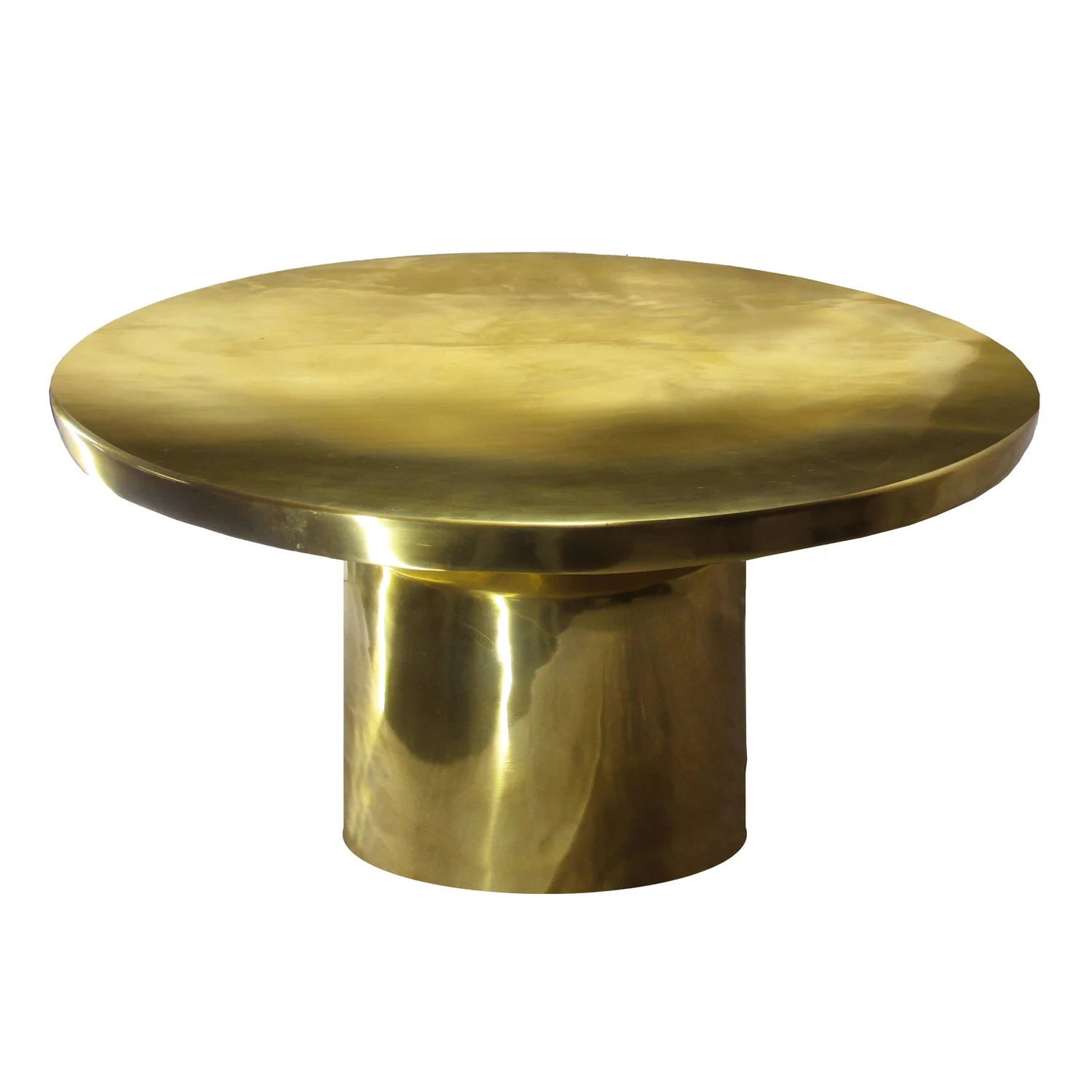 Maykoosh Zoe 30 Inch Modern Earthy Elements Round Metal Coffee Table With Pedestal Base, Glossy Gold Brass