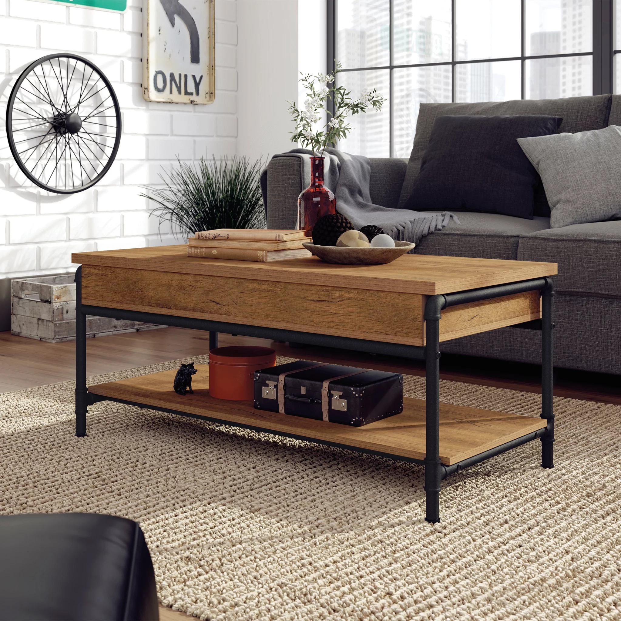 Sauder Iron City Industrial Pipe Lift-Top Coffee Table, Checked Oak Finish