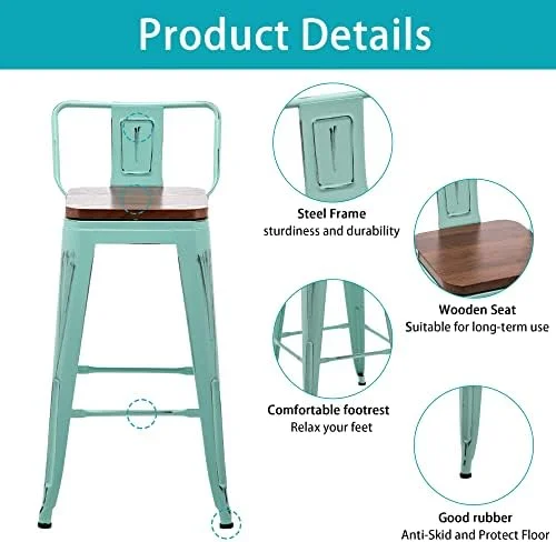 HBBOOMLIFE Stool Metal  Stools Set of 4 Industrial Counter Height  Stools White  Distressed Swivel  Stools with Back and Wooden Seat 26"  Stools Counter Height