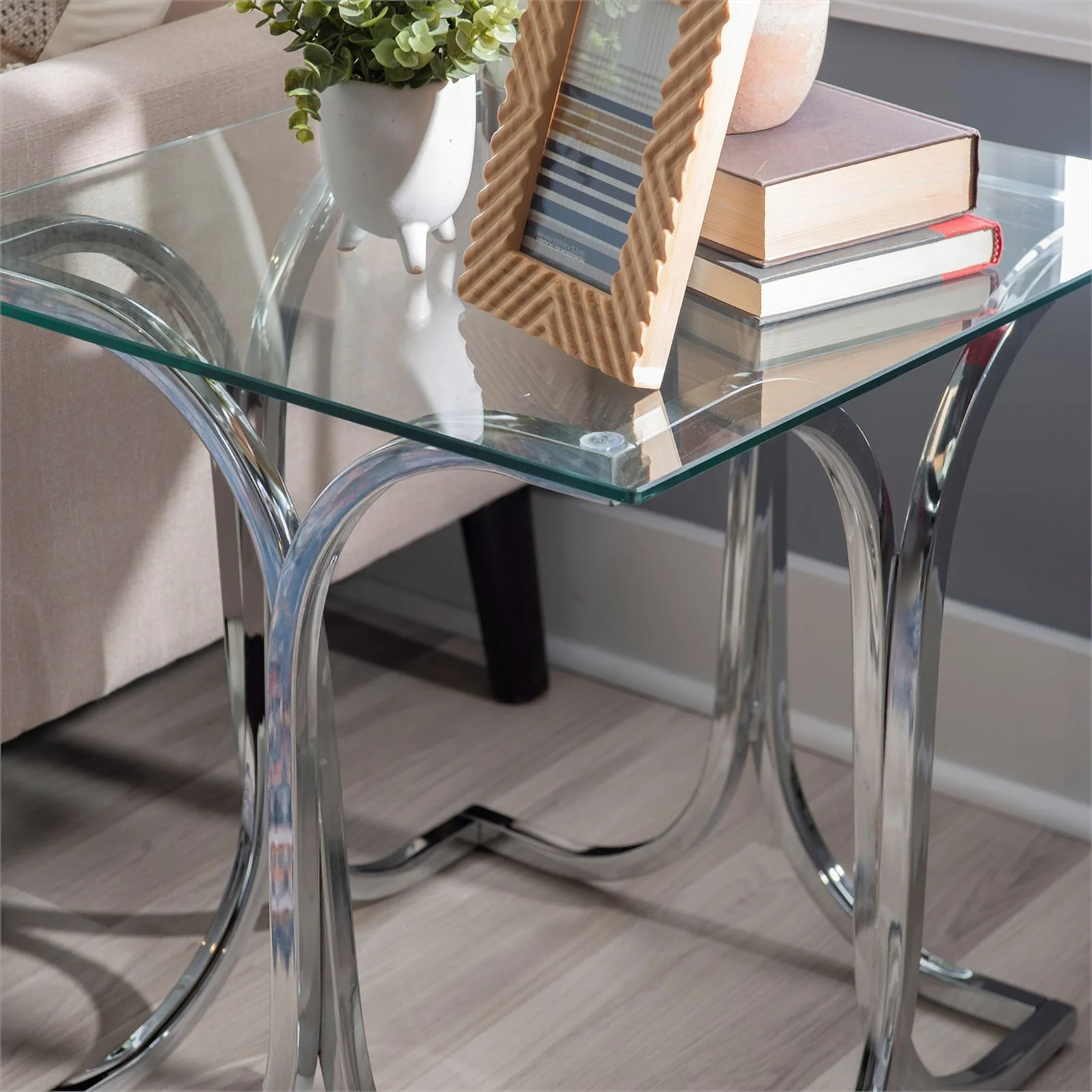Linon Finley Glass Coffee and 2 End Table Set with Twisted Legs in Shiny Chrome