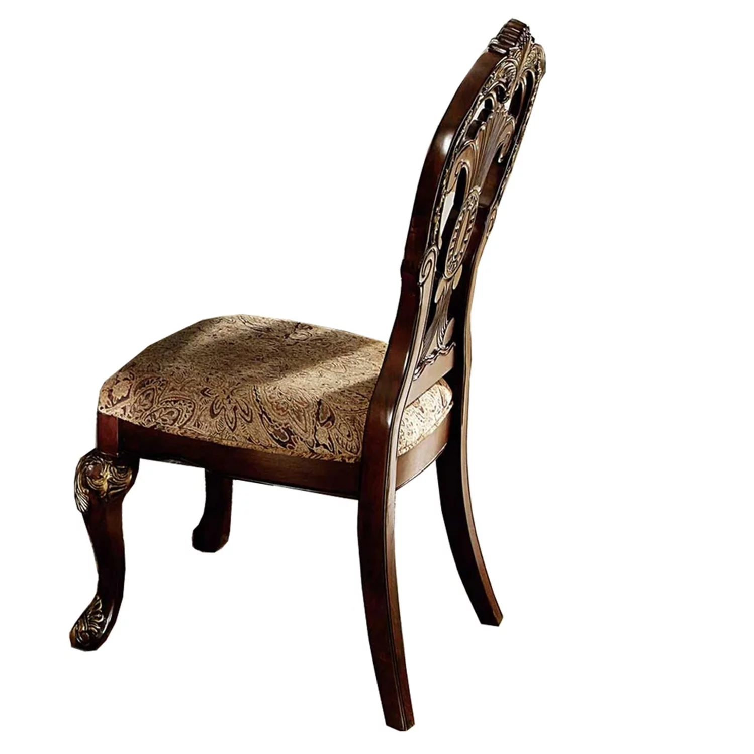 Benzara Wood Fabric Arm Chair With Deep Engraved Design, Brown & Beige (Set of 2)