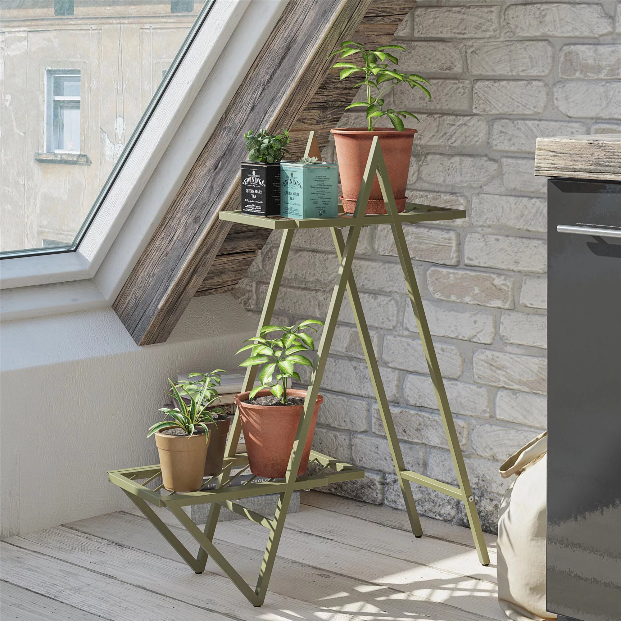 RealRooms Botanika Plant Stand with 2 Metal Shelves for Potted Flowers, Olive Green