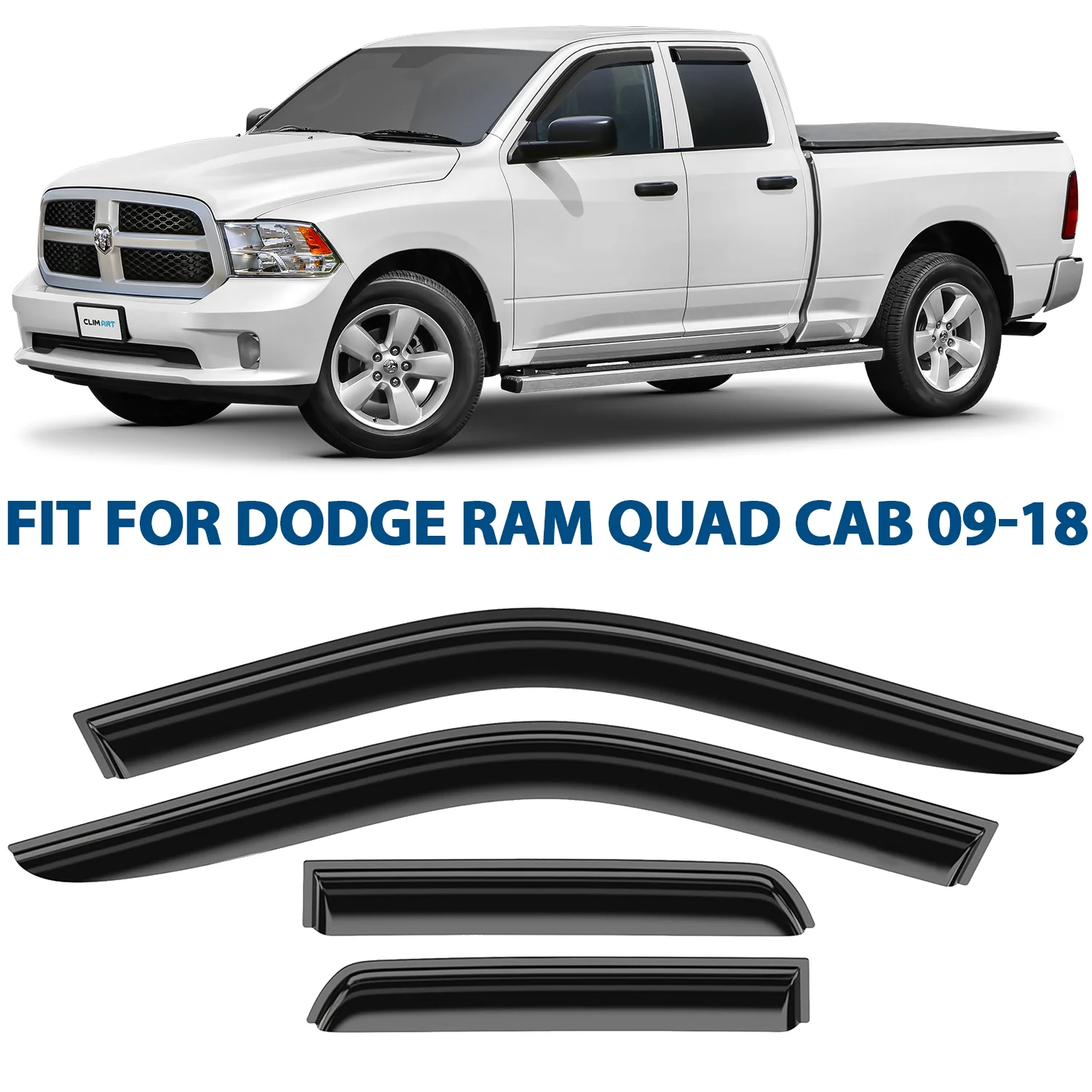 CLIM ART Incredibly Durable Rain Guards for Dodge RAM 1500 2009-2018 Quad Cab, Tape-on Window Deflectors, Vent Deflector, Vent Window Visors, Dark Smoke, Truck Accessories, 4 pcs- 409213