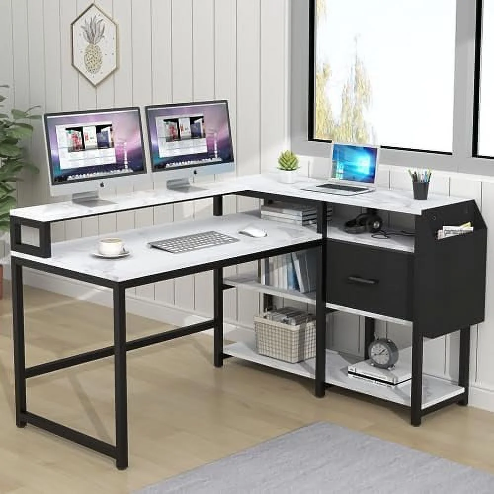 HYHBIBOOM L Shaped Computer Desk with Power Outlets  55"x41"D Reversible Corner Desk with LED Light  Drawer & Monitor Stand  Home Office Gaming Desk with 4 Tier  Shelves &