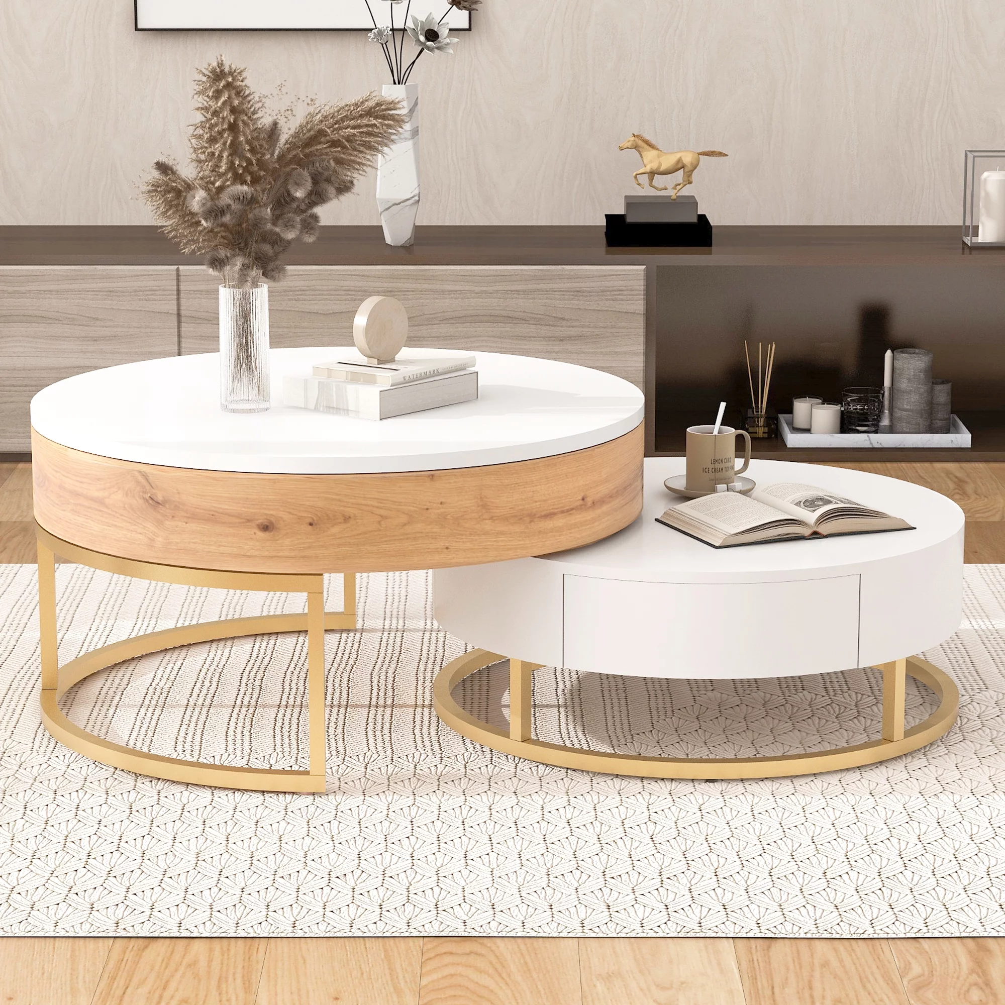Homiyad Modern Round Lift-Top Nesting Coffee Tables with 2 Drawers White & Natural