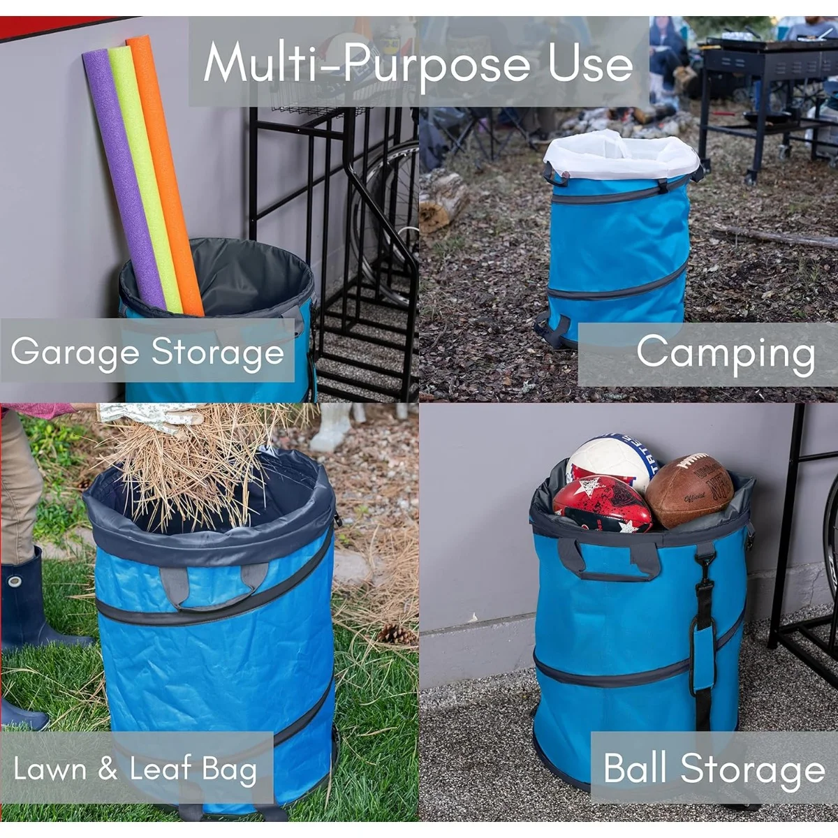 30 Gallon Collapsible Lawn and Leaf Waste Bag - Blue - Reusable Camping Trash Can - Heavy Duty - Hardshell Bottom - Green - Yard Debris - Lid - Garage Storage