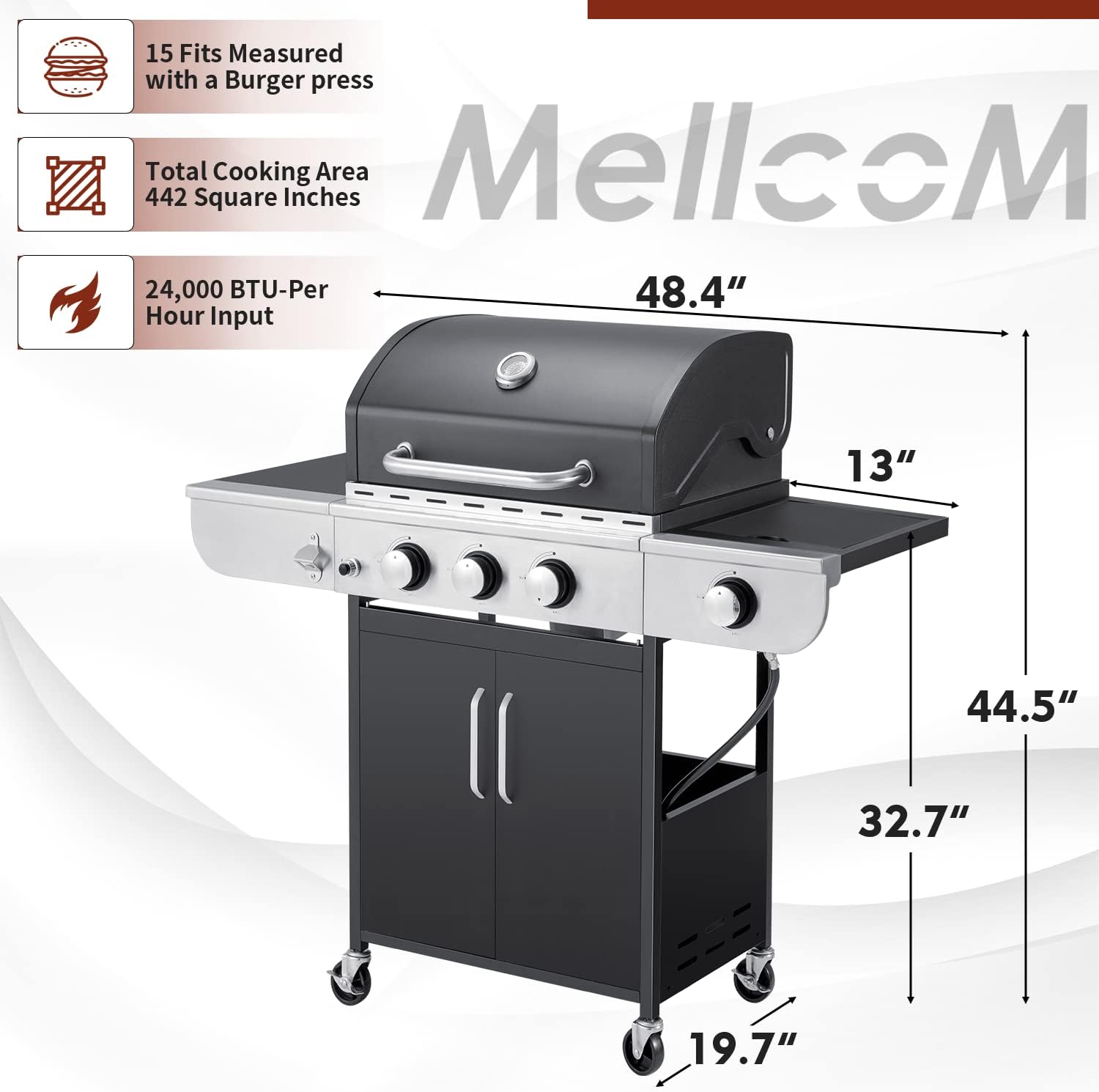 3 Burner BBQ Propane Gas Grill, 34,000 BTU Stainless Steel Patio Garden Barbecue Grill with Stove and Side Table