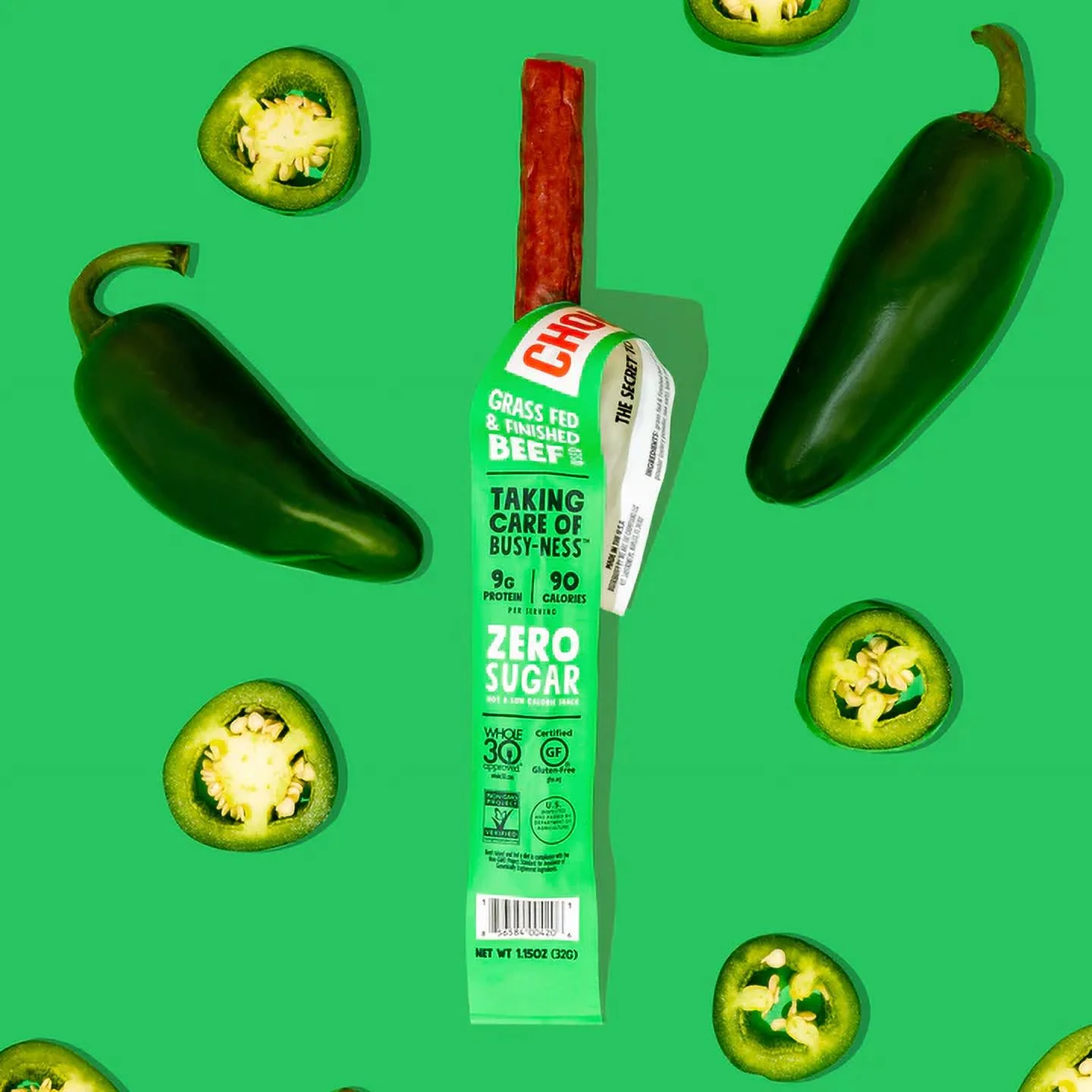 Chomps Grass Fed Beef Jerky Sticks, Jalapeno Beef, High Protein, Gluten Free, Sugar Free, Whole 30 Approved, 24ct 1.15oz