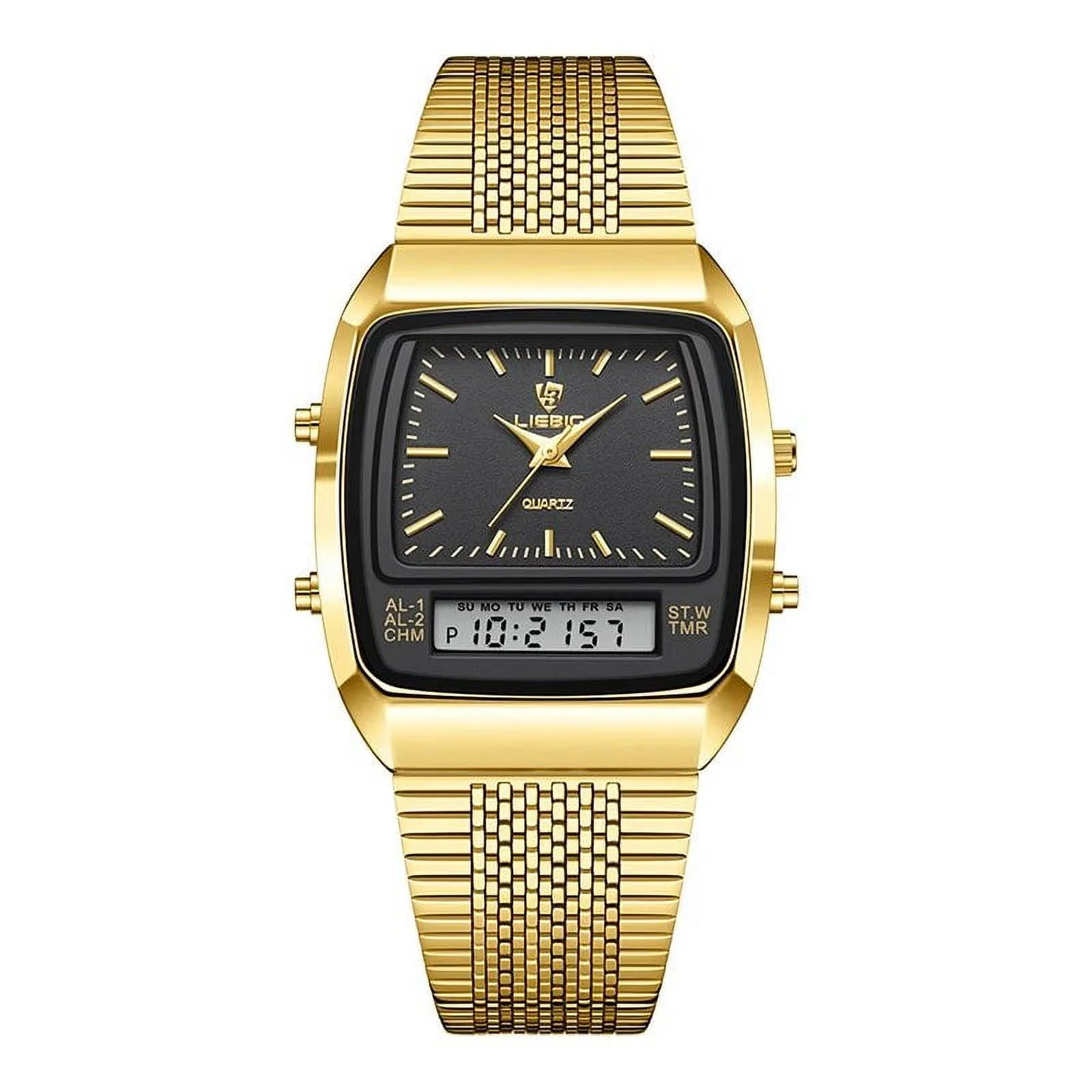 New Fashion Casual Watch Men Digital Dual Time Week Gold Sport 3bar Waterproof Quartz Wristwatches Clock relogio masculino L1030 Black gold