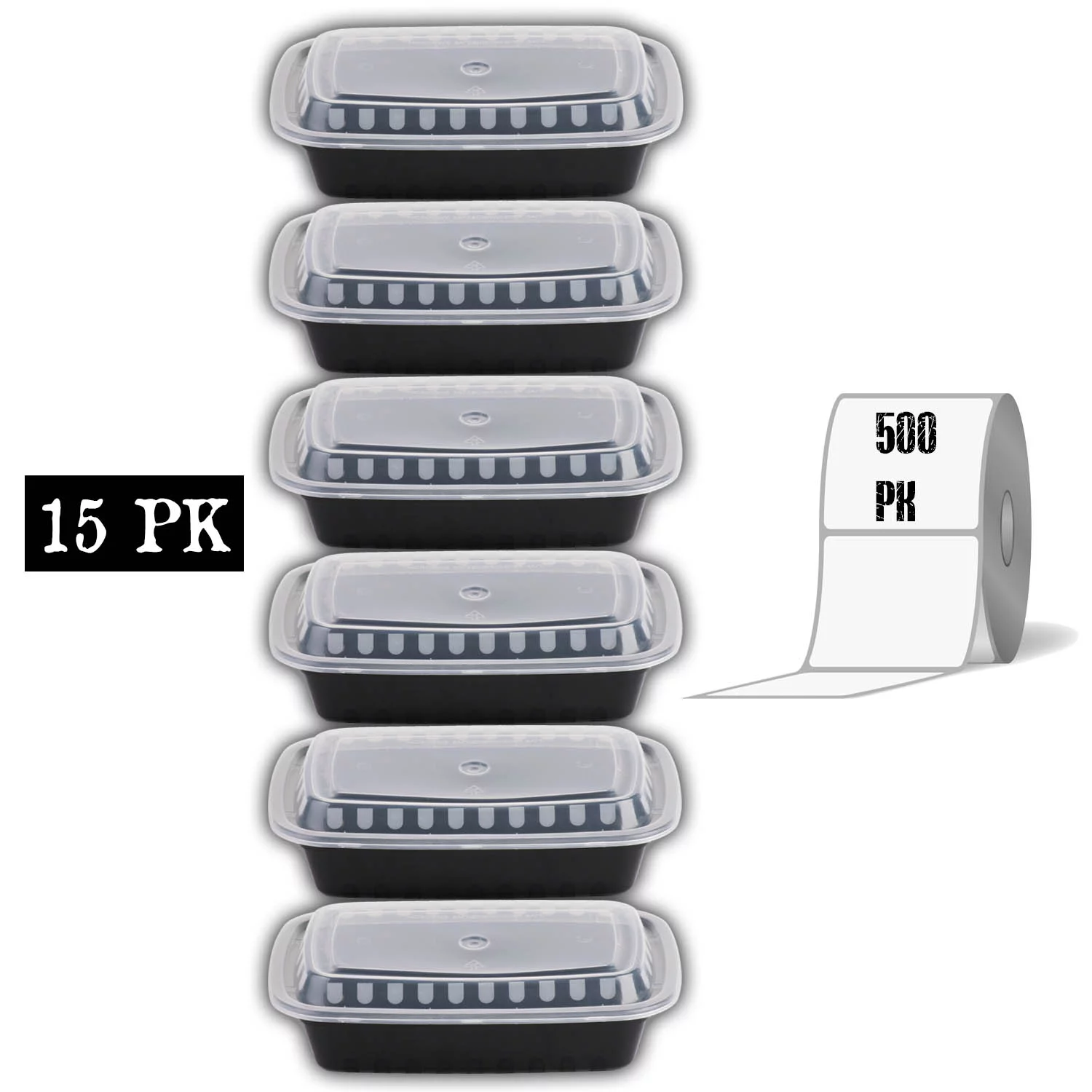 Meal Prep Containers And Lids And Labels Set: (15 Pk) Rectangle Reusable Microwavable BPA Free Food Container With Lid + (500) Dissolving Labels, Great For Prepping And Planning Take Out