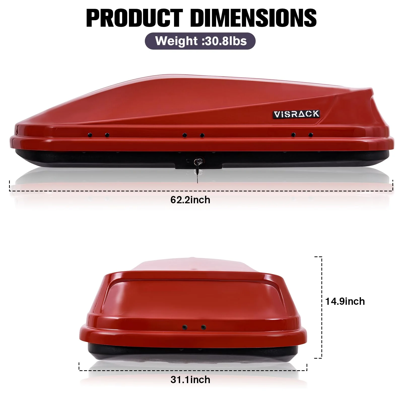 Gxcevsou Large Rooftop Cargo Carrier Box, Heavy Duty Hard Shell Roof with Security Keys, Waterproof Rooftop Cargo Box, 62 (L) x 31 (W) x 15(H) Inches, 14 Cubic Feet (Tool-Free Install), Red