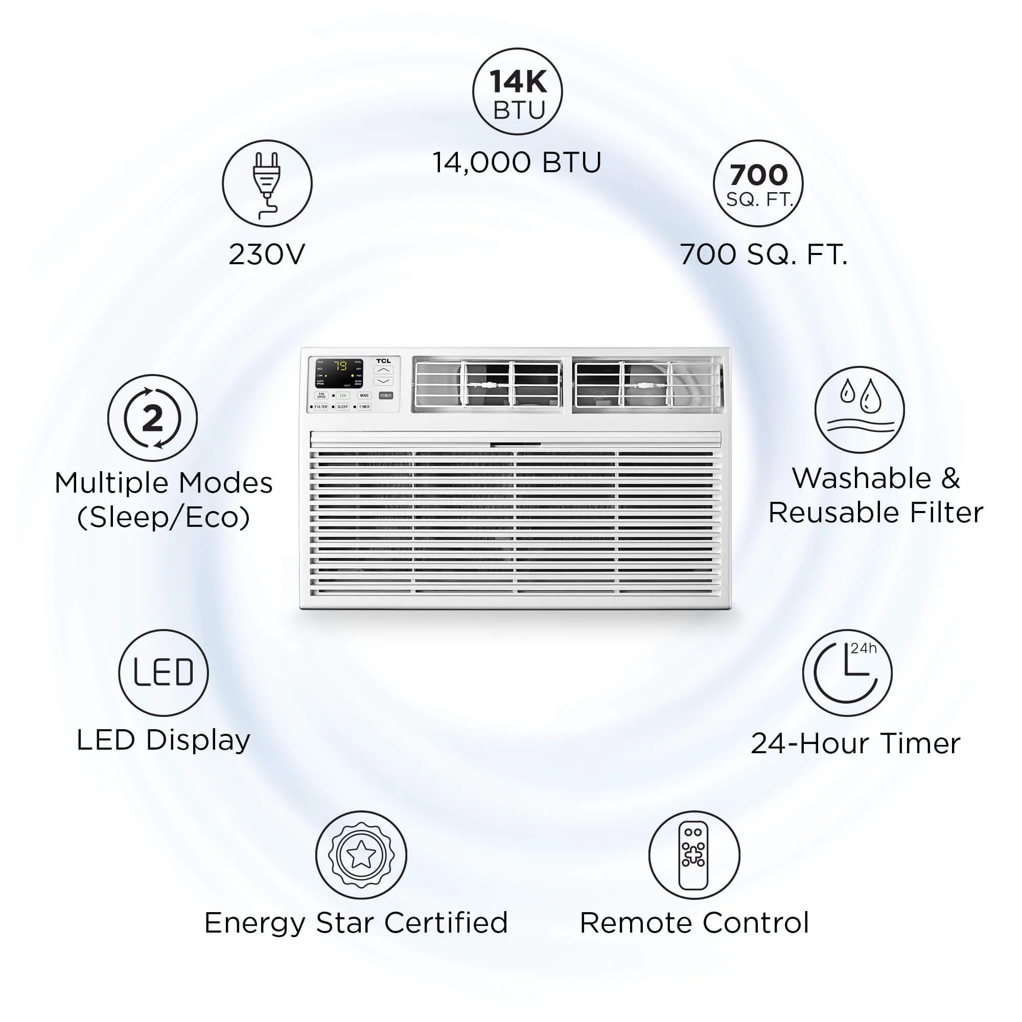 TCL Home Smart 14,000 BTU Through-The-Wall Air Conditioner, 230V, Remote Included, White, W14T9X1-A