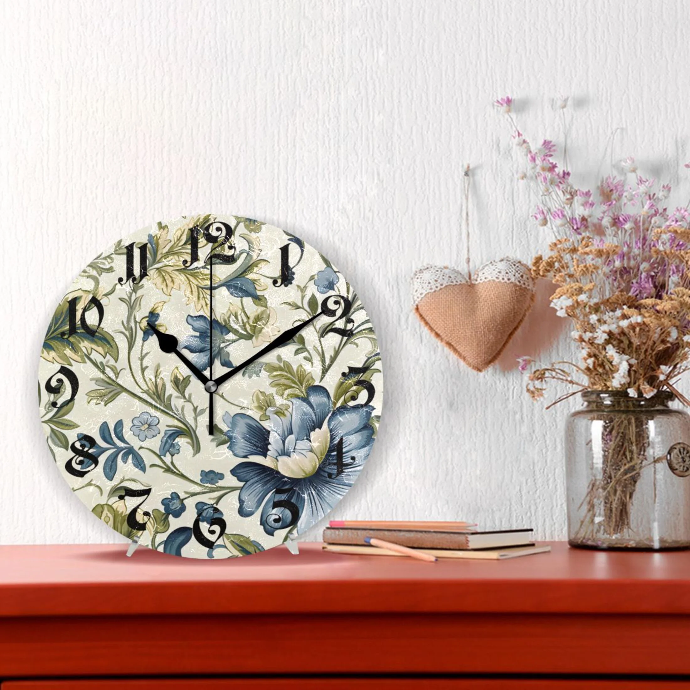 Wall Clock 10 Inch Silent Non-Ticking 8 Blue with Flowers Battery Operated Rustic Retro for Living Room Home Kitchen Bathroom