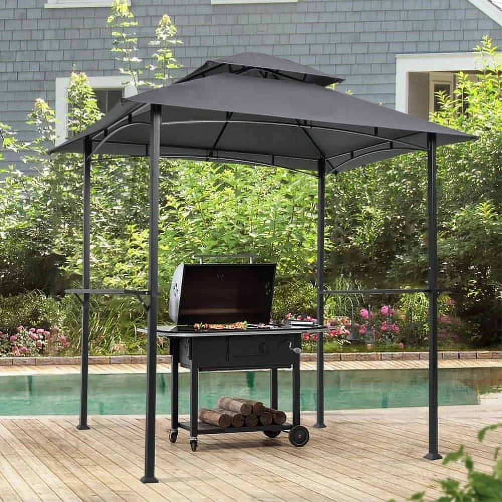Zateety Outdoor Grill Gazebo 8 x 5 Ft, Shelter Tent, Double Tier Soft Top Canopy and Steel Frame with hook and Bar Counters, Grey