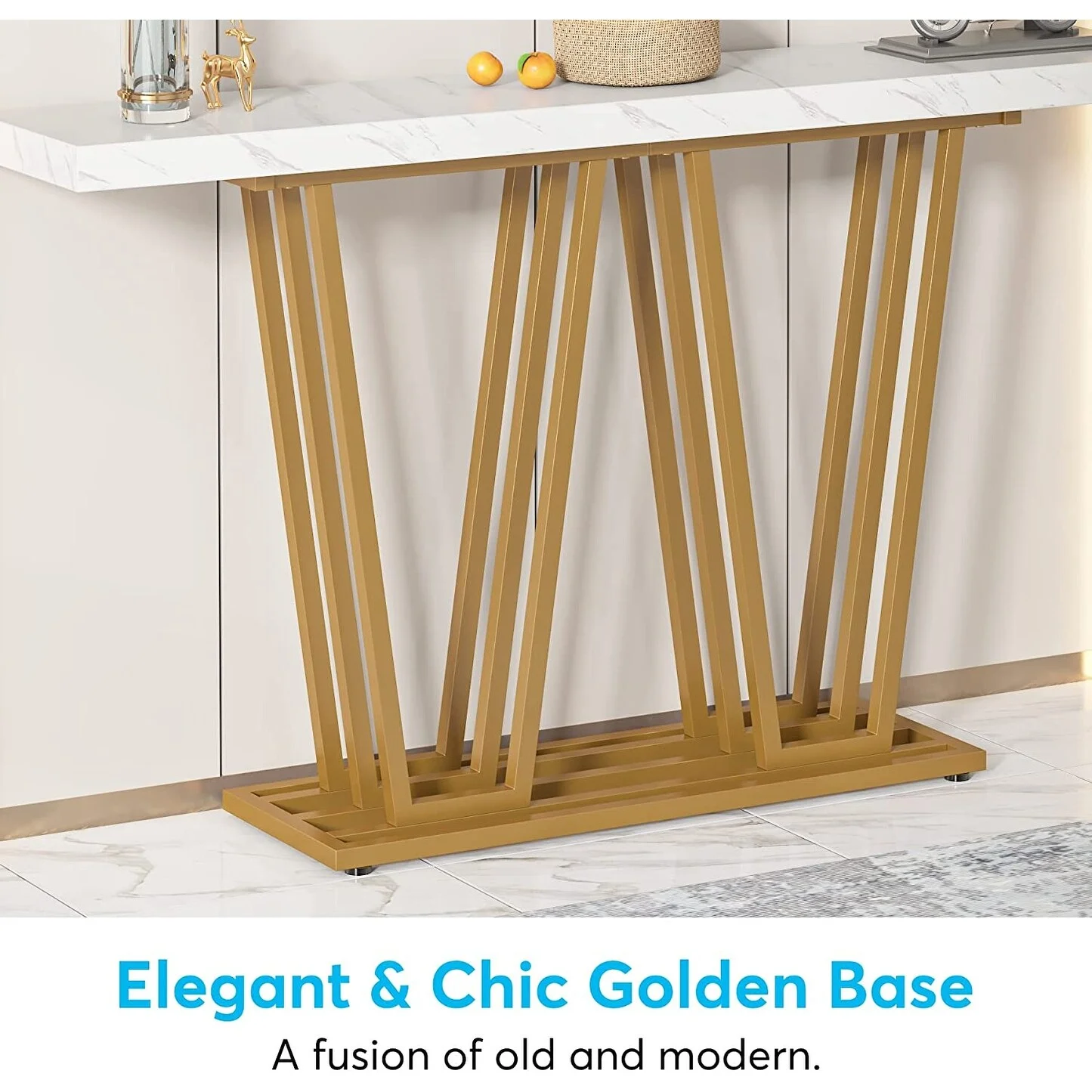 55 Inches Modern Console Table, White Faux Marble Wood Entryway Table