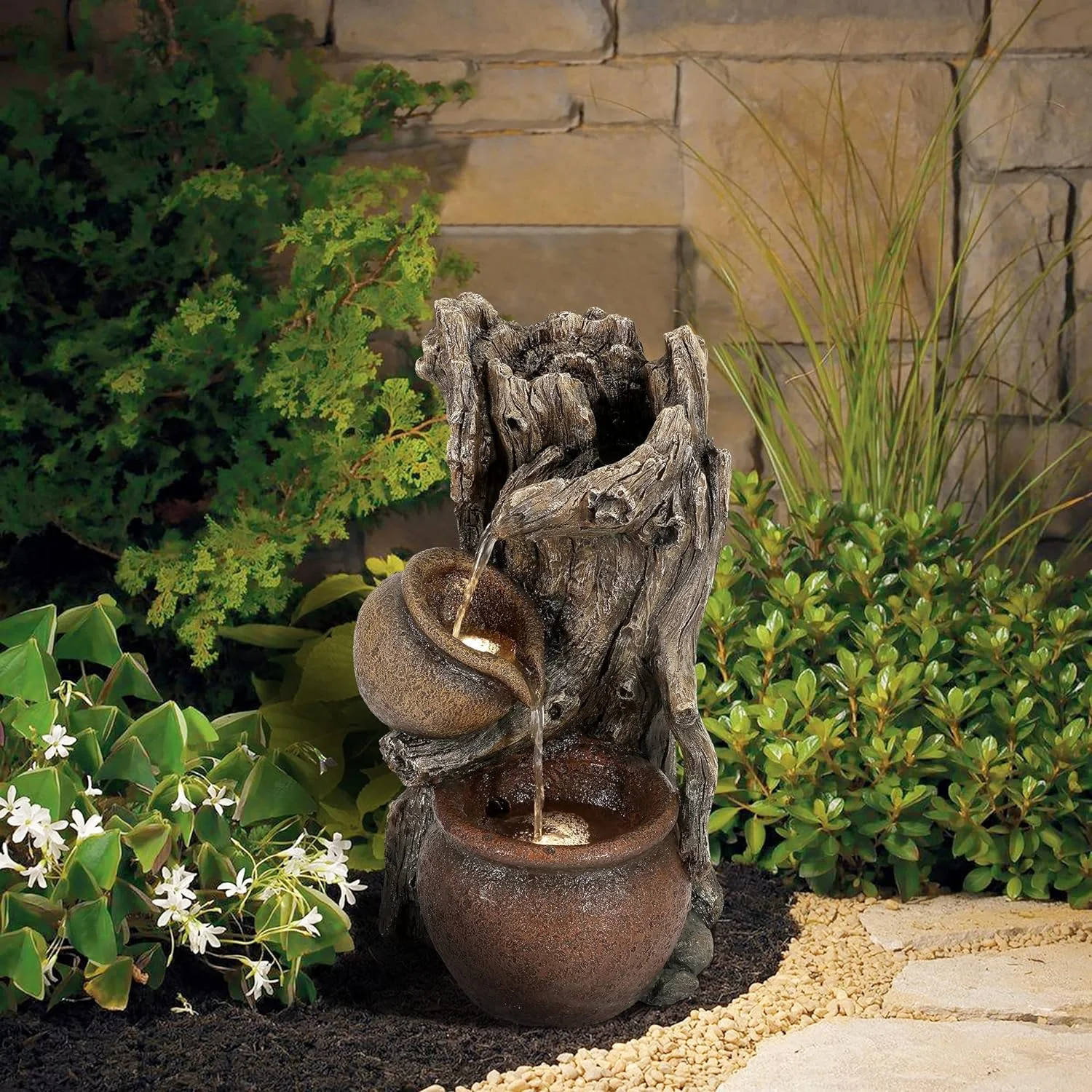 Brown Resin Tree Farmhouse Pots Outdoor Fountain With LED Lights