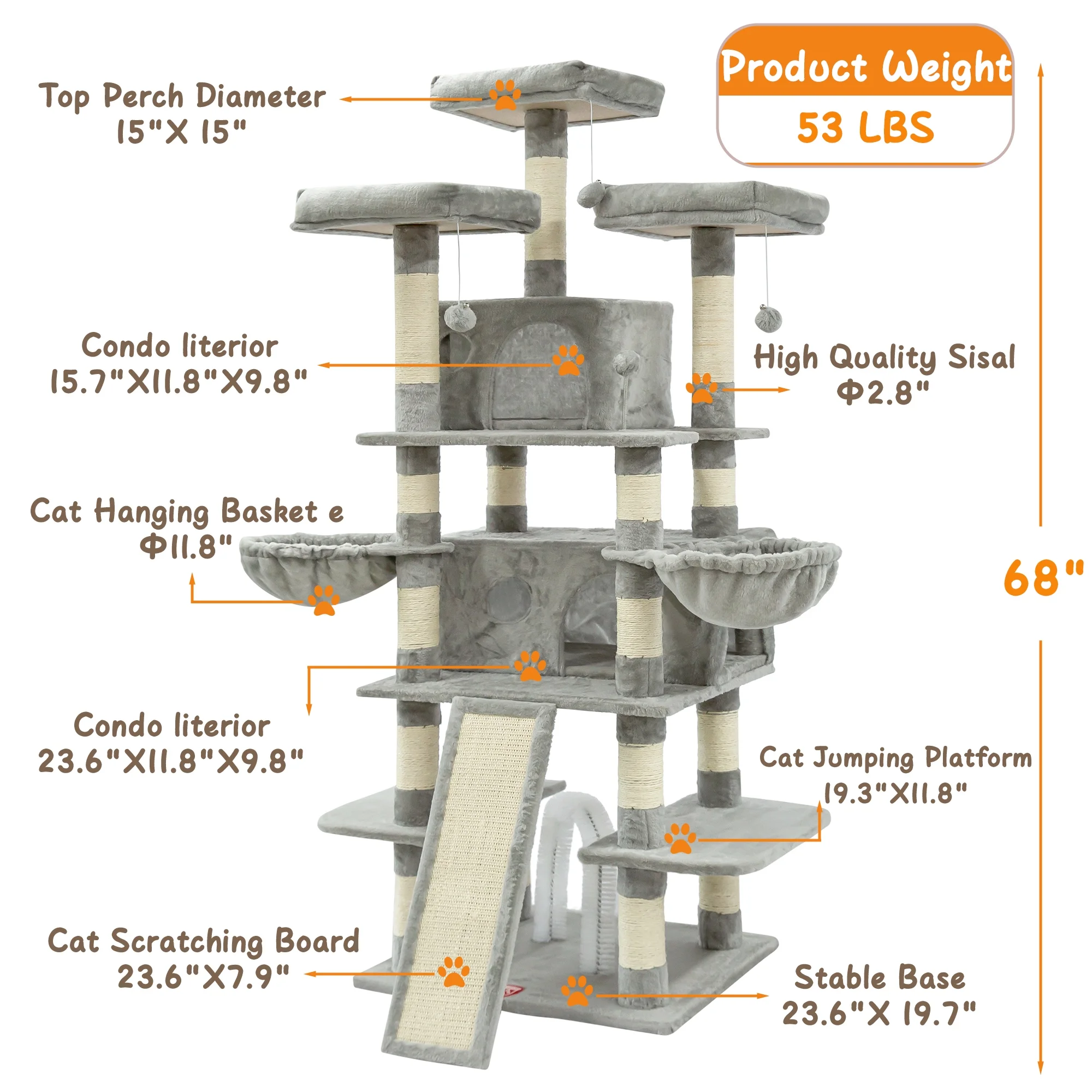 68 Inches Multi-Level Big Cat Tree, Tall Multi-Cats Tower with 2 Big Cat Condo &Cat Hair Brush, Large Cat Tree with 3 Padded Plush Perches & Scratching Posts