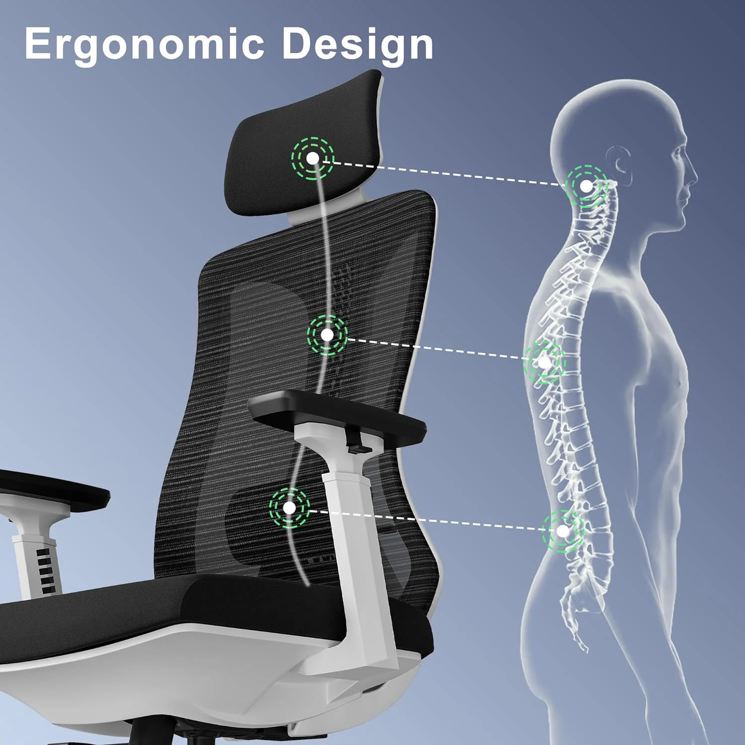 YILAN Ergonomic Mesh Office Chair, High Back Desk Chair with 3D Armrests, Adjustable Lumbar Cushion & Adjustable Headrest, Swivel Computer Task Chair with Tilt Function