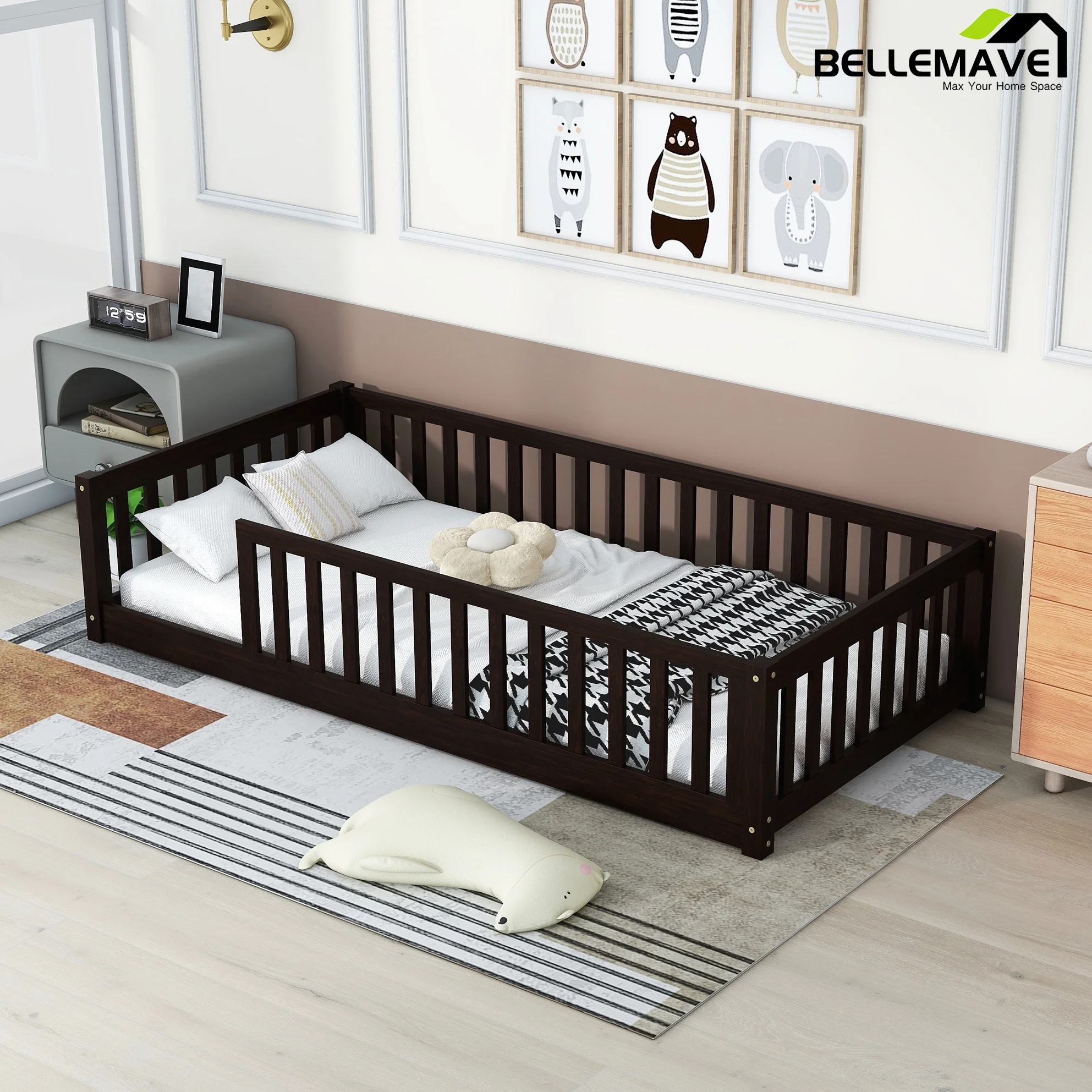 Bellemave Twin Size Floor Bed Frame with Fence and Slats Toddler Floor Bed Frame Low Platform Bed without Door Montessori Bed Frame for Kids, Boys, Girls, No Box Spring Needed (Espresso)