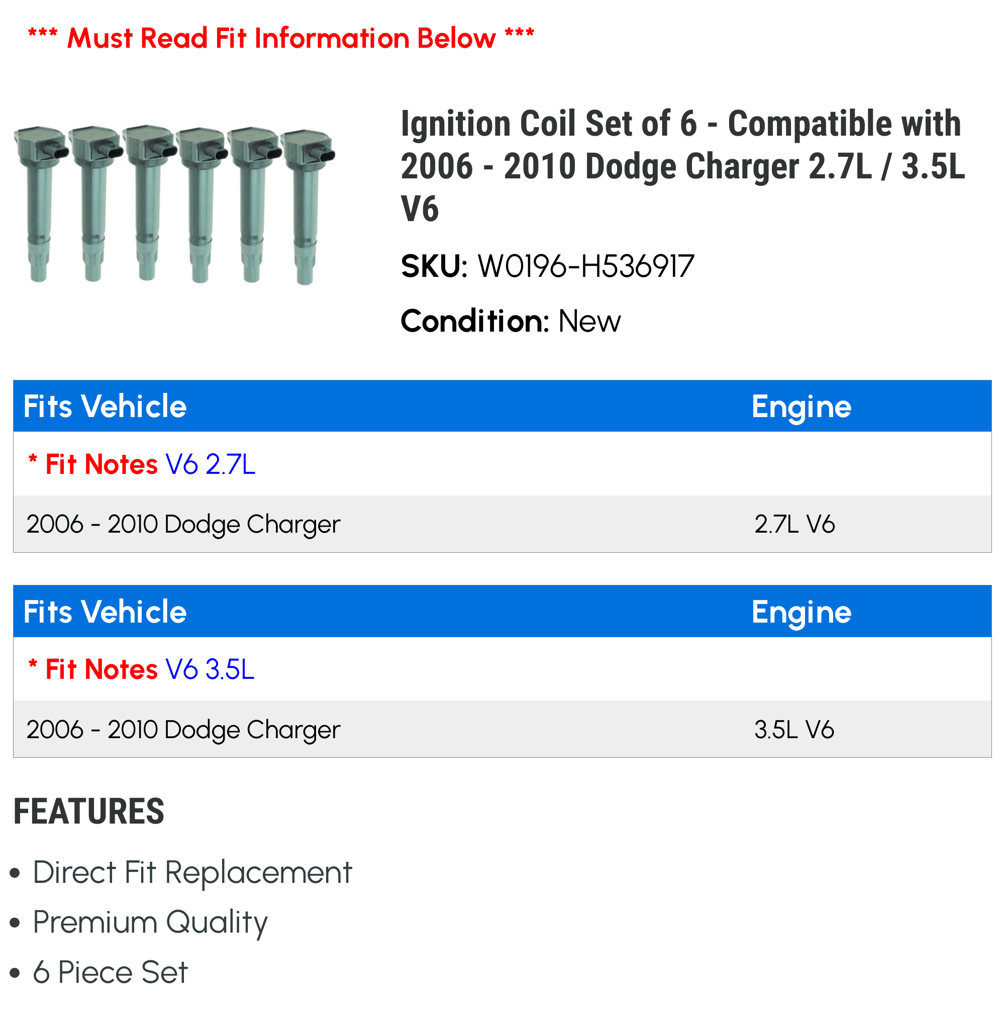 Ignition Coil Set of 6 - Compatible with 2006 - 2010 Dodge Charger 2.7L / 3.5L V6 2007 2008 2009