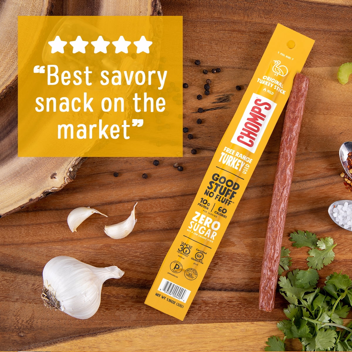 Chomps Free Range Turkey Jerky Sticks, High Protein, Gluten Free, Sugar Free, Whole 30 Approved, 10ct 1.15oz Sticks