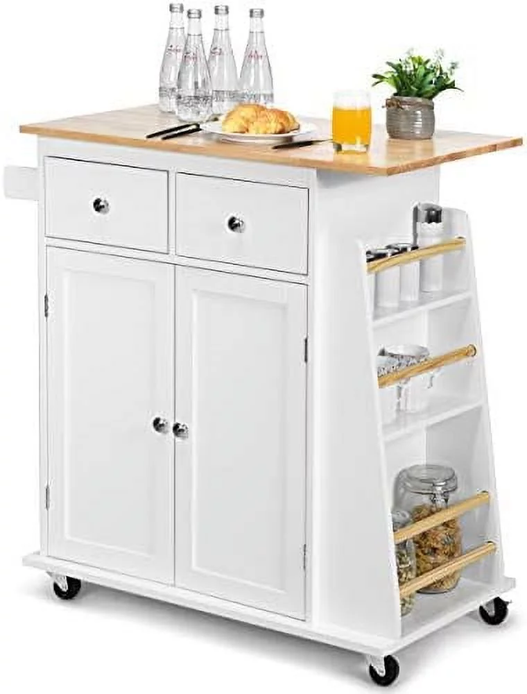 HYHBIBOOM Kitchen Island Cart  Rolling Wood Trolley with  Cabinet  Towel Handle  2 Drawers  Side Spice Rack and Wine Bottle Rack  Kitchen Cart on Wheels  Rubber Wood Countertop (Black)