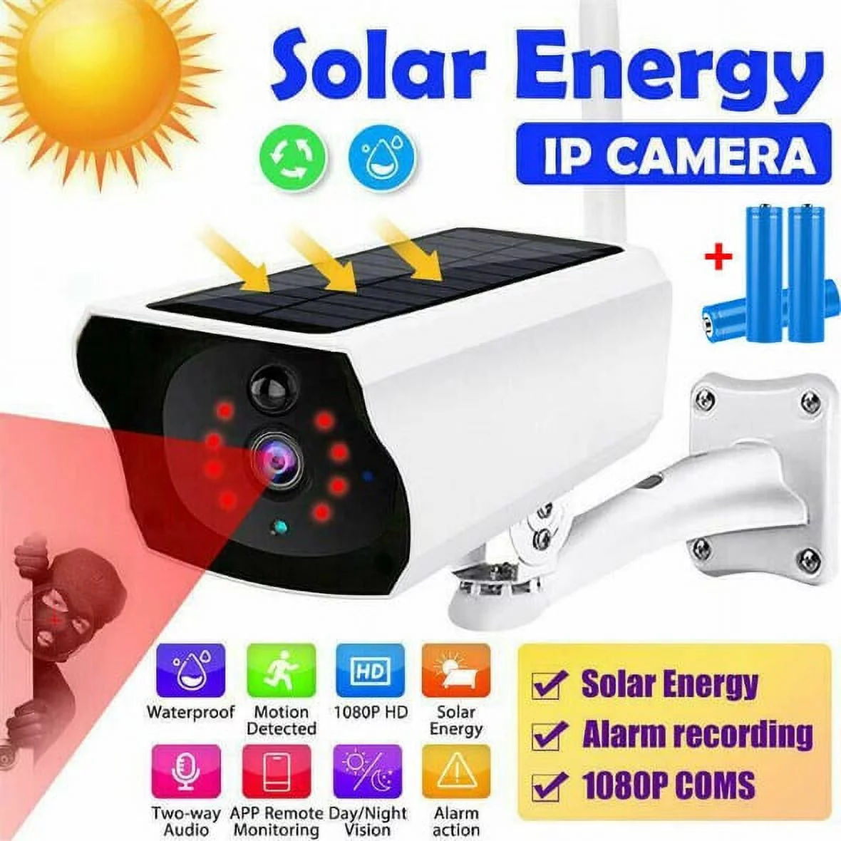 Wireless Solar WiFi IP Camera with 3 AAA Batteries 1080P HD Security Night Vision Home Security Surveillance Audio CCTV Outdoor,2K Night Vision, 2-Way Talk,App Remote,WiFi Camera