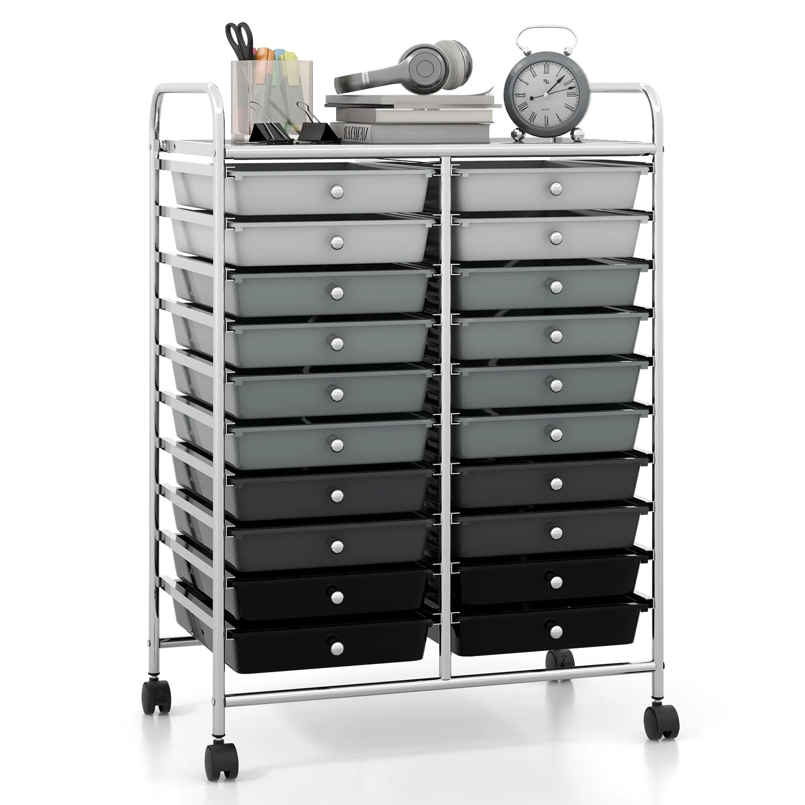 20 Drawers Rolling Cart, Mobile Storage Drawer Cart, Classroom Organizer Cart for Office School Supplies Teacher Tools Paper Craft Small Printer, Utility Cart on Wheels, Gradient Grey