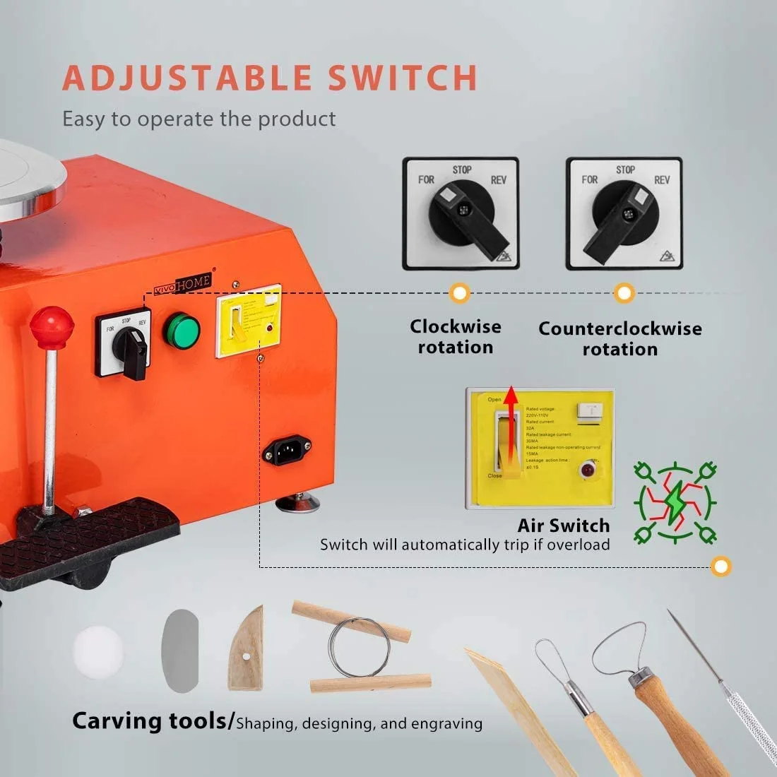 VIVOHOME Pottery Wheel 25CM Pottery Forming Machine 350W Electric DIY Clay Tool Orange