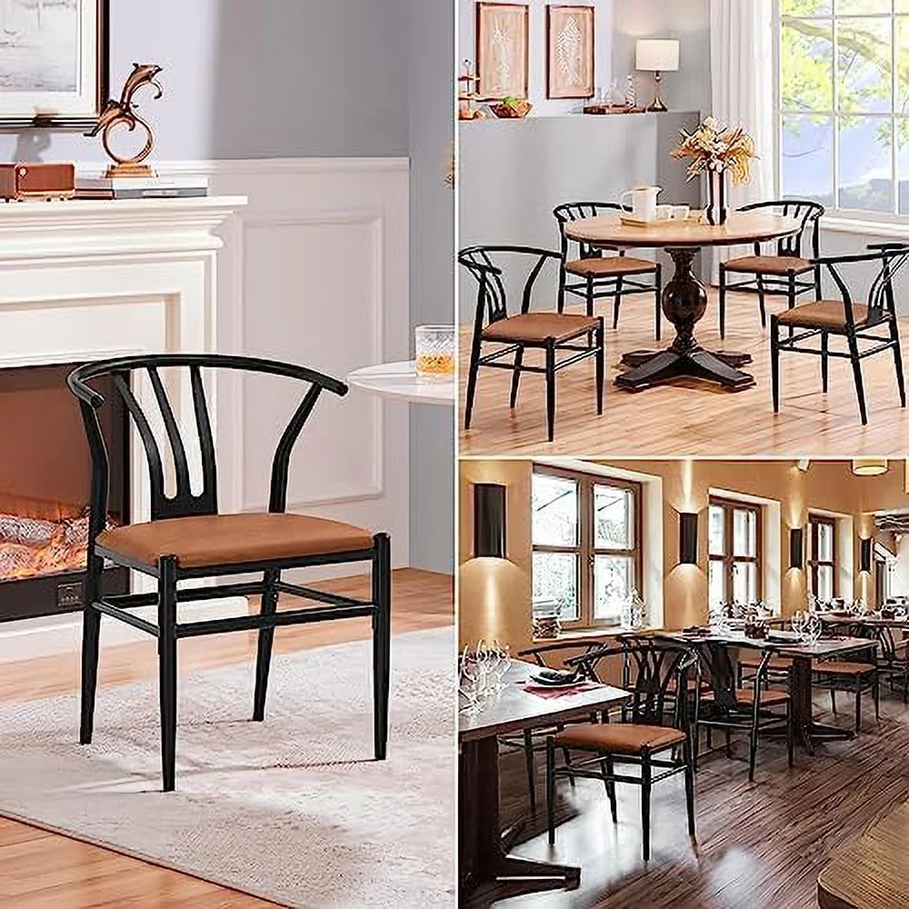 TJUNBOLIFE Weave Dining Chairs Dining Room Chairs  Mid-Century Modern Dining Chairs PU Leather Arm Chairs Upholstered Dining Chairs with Open Backrest Metal Frame Accent Chair  Retro Brow