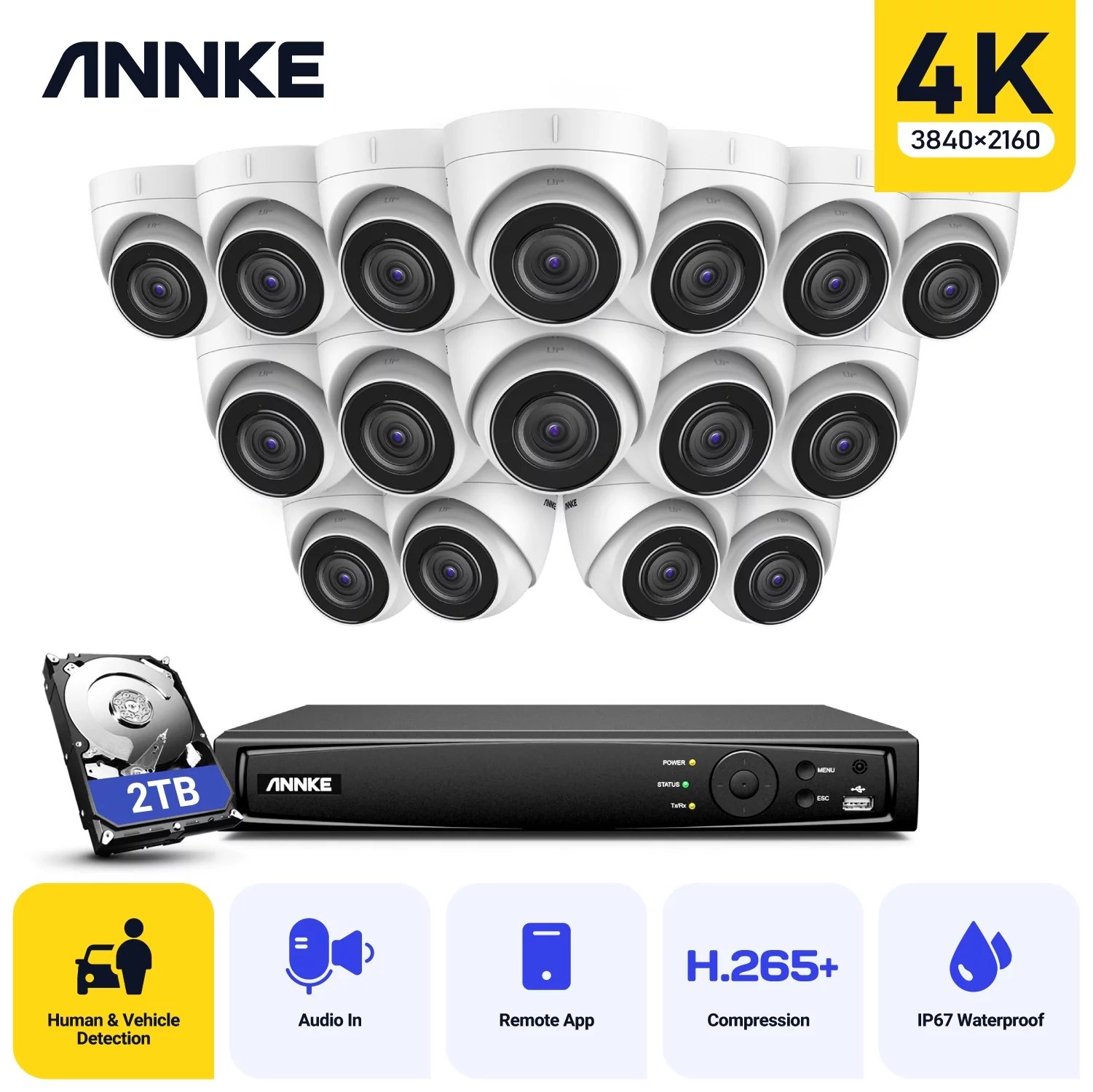 ANNKE 8CH 4K Ultra HD Poe Network Video Security System 8MP H.265+ NVR with 16pcs 8MP Weatherproof IP Camera Support 128G TF Card with 2T Hard Drive