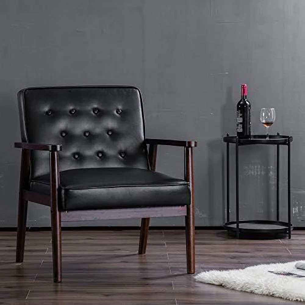 CHGTYS Mid-Century Retro Modern Solid Wood Armrest Accent Chair  Faux Leather Tufted Back Upholstered Lounge Chairs  Living Room  (Black 8325)