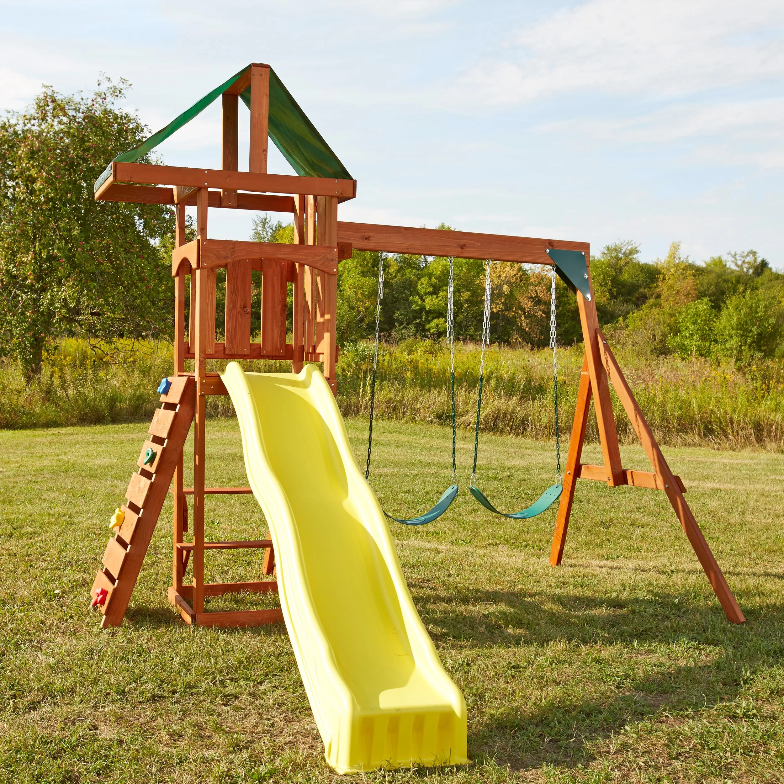Swing-N-Slide Scrambler Wooden Backyard Play Set With Slide, Climbing Wall, and Swings