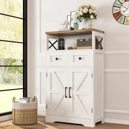 WTYNKAE Farmhouse Buffet Cabinet with Drawers & Open   Sideboard with   Kitchen Pantry Cabinet Hutch  Coffee  Station Cabinet for Kitchen  Dining Room  Livingroom  47" L White