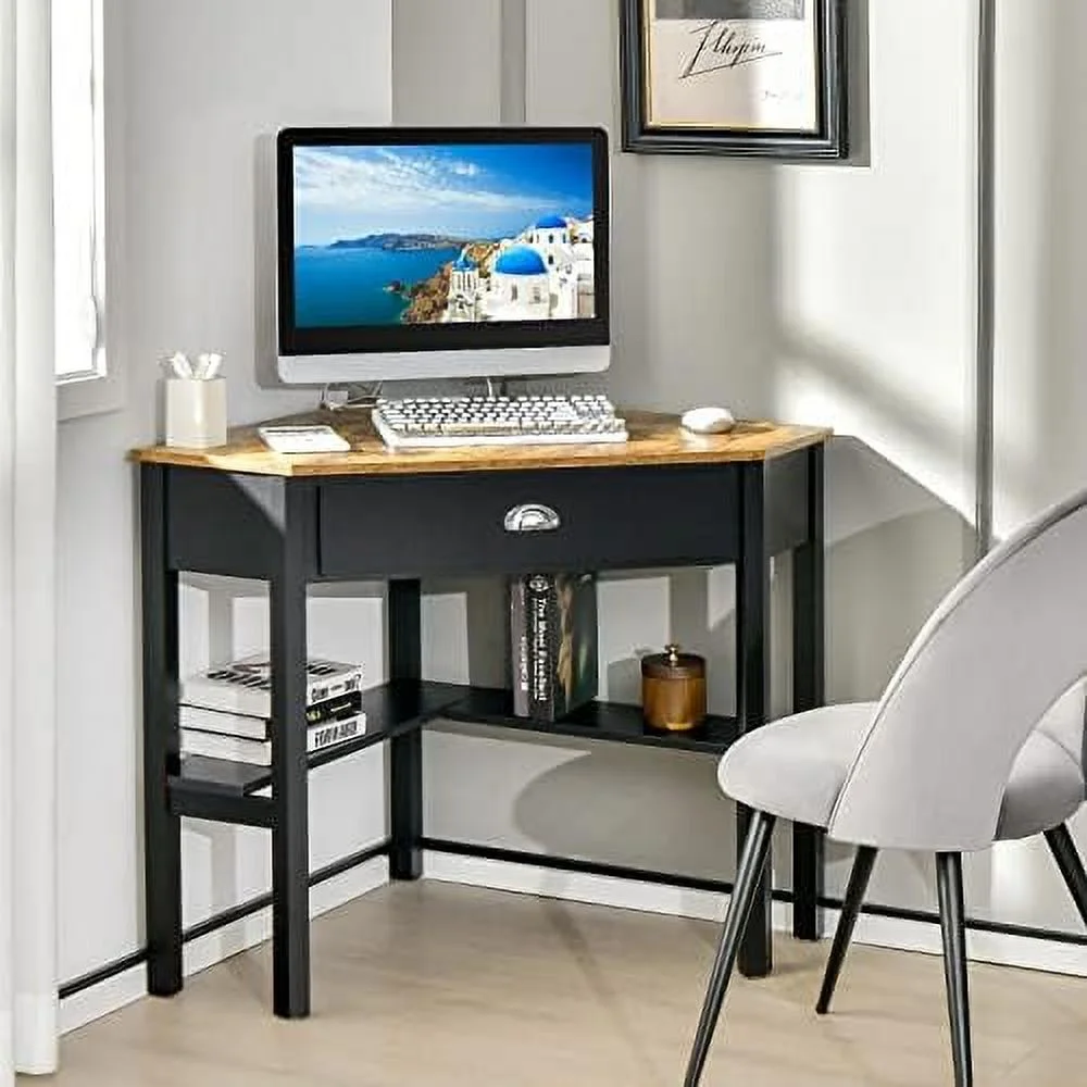 TJCGDTY Corner Desk  Corner Computer Desk with Drawer for Small Space  Small Corner  Vanity Desk  90 Degrees Triangle Corner Desk with  Shelves