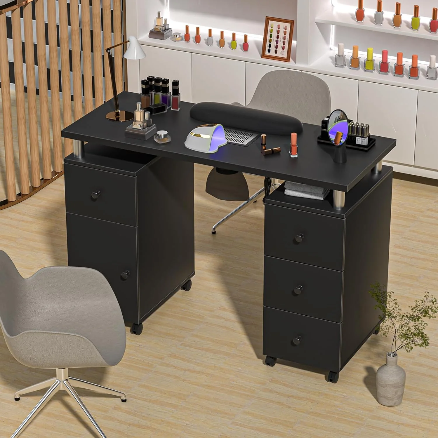 Electric Downdraft Vent Nail Table for Nail Tech Desk Acetone Resistant Nail Tech Table on Wheels with Soft Arm Rest (Electric Black)