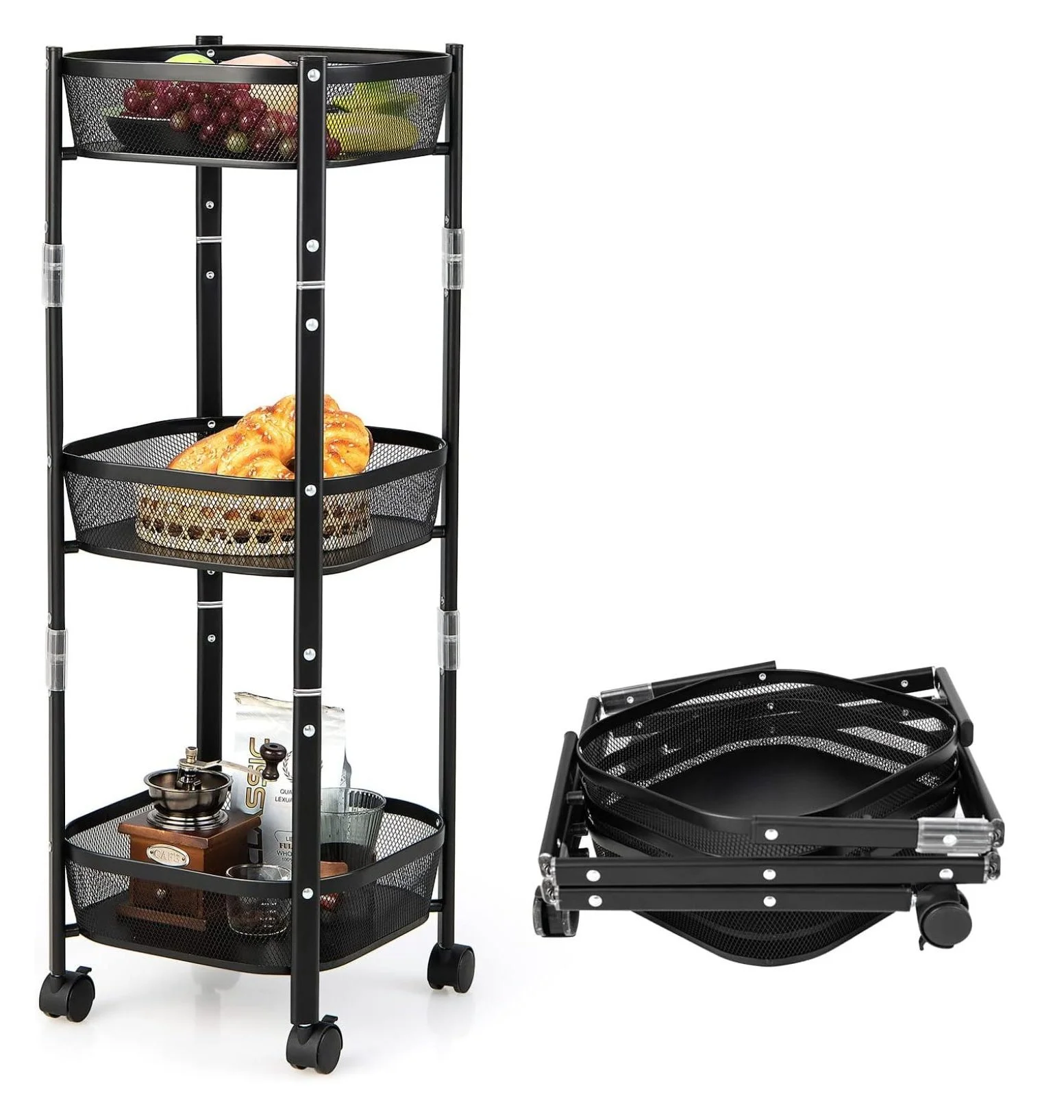 oddfain Folding Storage Cart, 3-Tier Metal Square Utility Rolling Cart Kitchen Storage Organizer, Mobile Shelving Unit Cart with Wheels for Bathroom, Laundry, Living Room, Black