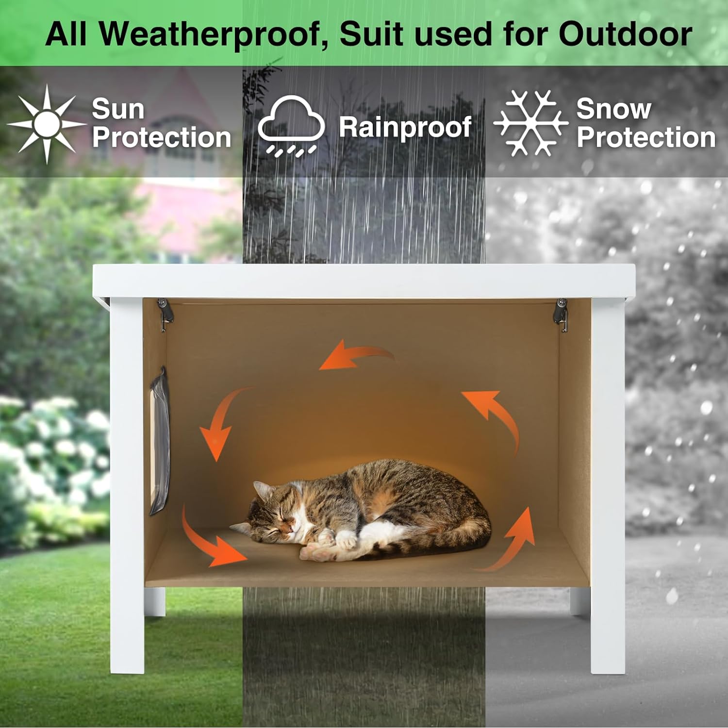 Efurden Insulated Outdoor Cat House with Escape Door, PS Material Weatherproof Cat House for Outdoor Cats, Elevated Feral Cat Shelter with Openable Roof, Teak