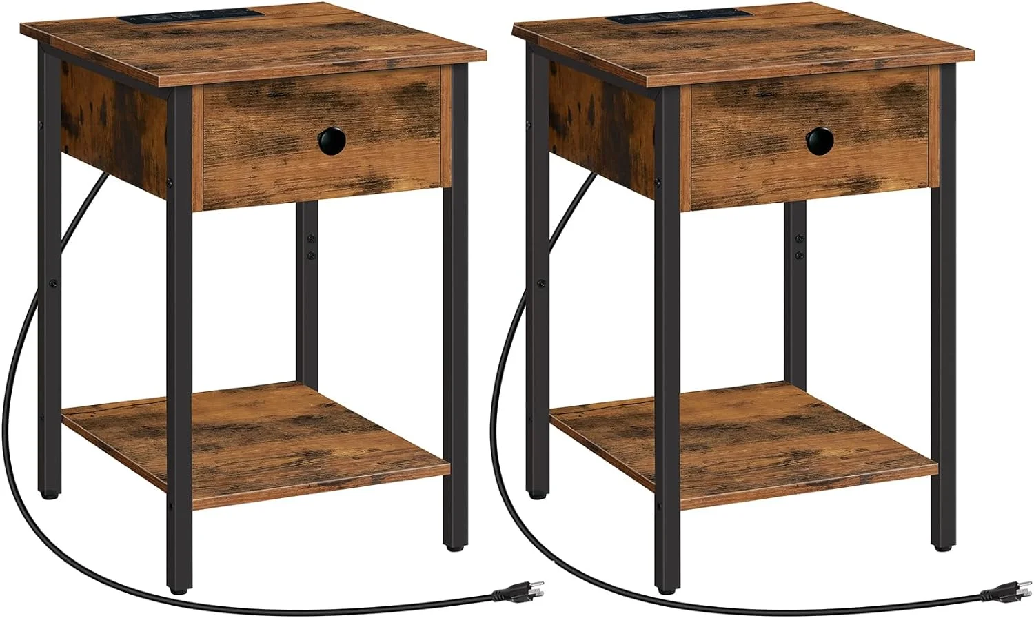 HOOBRO Set of 2 Nightstands with Charging Station & USB Ports Bedside Table Bedroom Brown BF40UBZP201