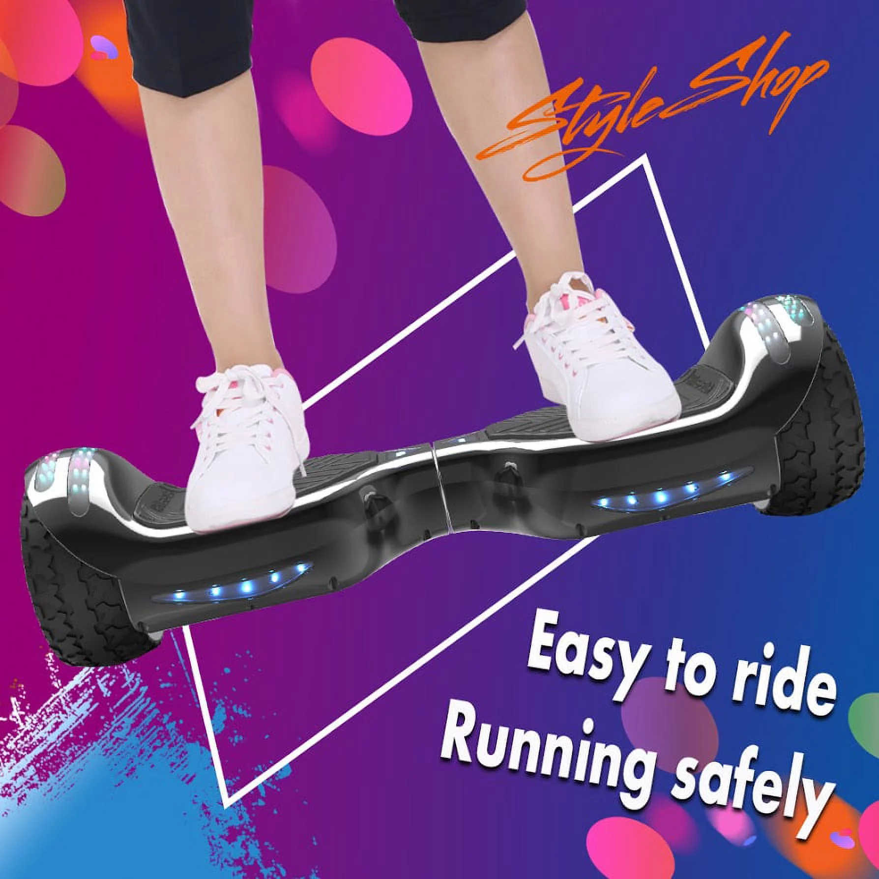 Hoverboard All-Terrain LED Flash Wide All Terrian Wheel with Bluetooth Speaker Dual LED Light Self Balancing Wheel Electric Scooter Chrome Black