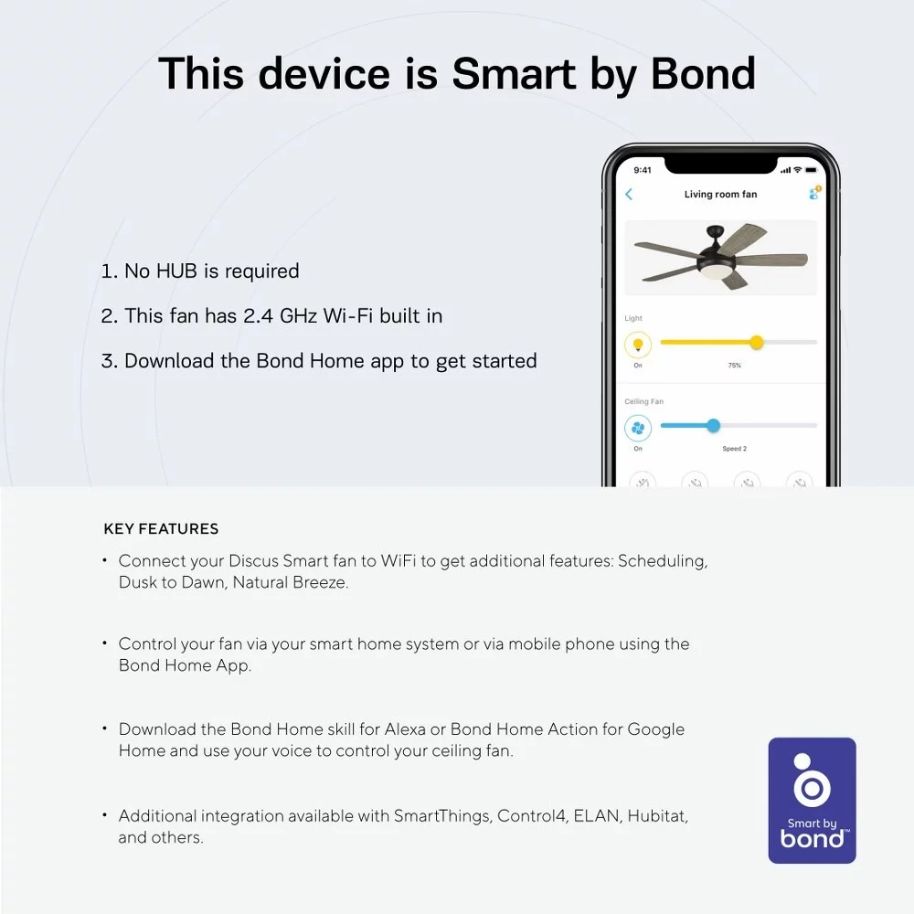 Discus Classic Smart 52 inch 5 Blade Ceiling Fan with Light Kit-Matte White Finish Bailey Street Home 96-Bel-4549446