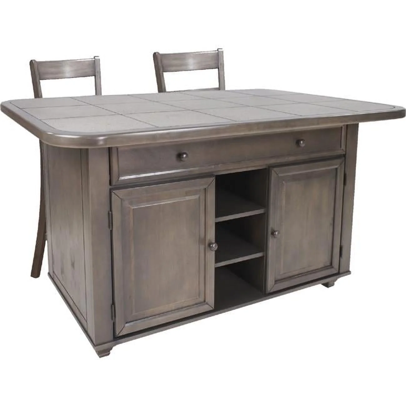 Shades of Gray 3Pc Solid Wood Kitchen Island Set w Grey Tile Top and 2 Barstools