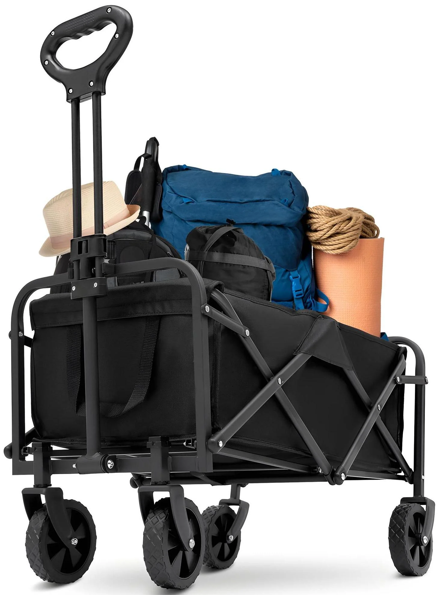 HONGGE Multi-Purpose Big Bucket Cart Collapsible Folding Wagon Garden Cart with Wheels, Black