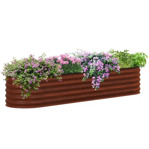 Buumin Outsunny 8' x 2' x 1.4' Galvanized Raised Garden Bed Kit, Outdoor Metal Elevated Planter Box with Safety Edging, Easy DIY Stock Tank for Growing Flowers, Herbs & Vegetables, Brown