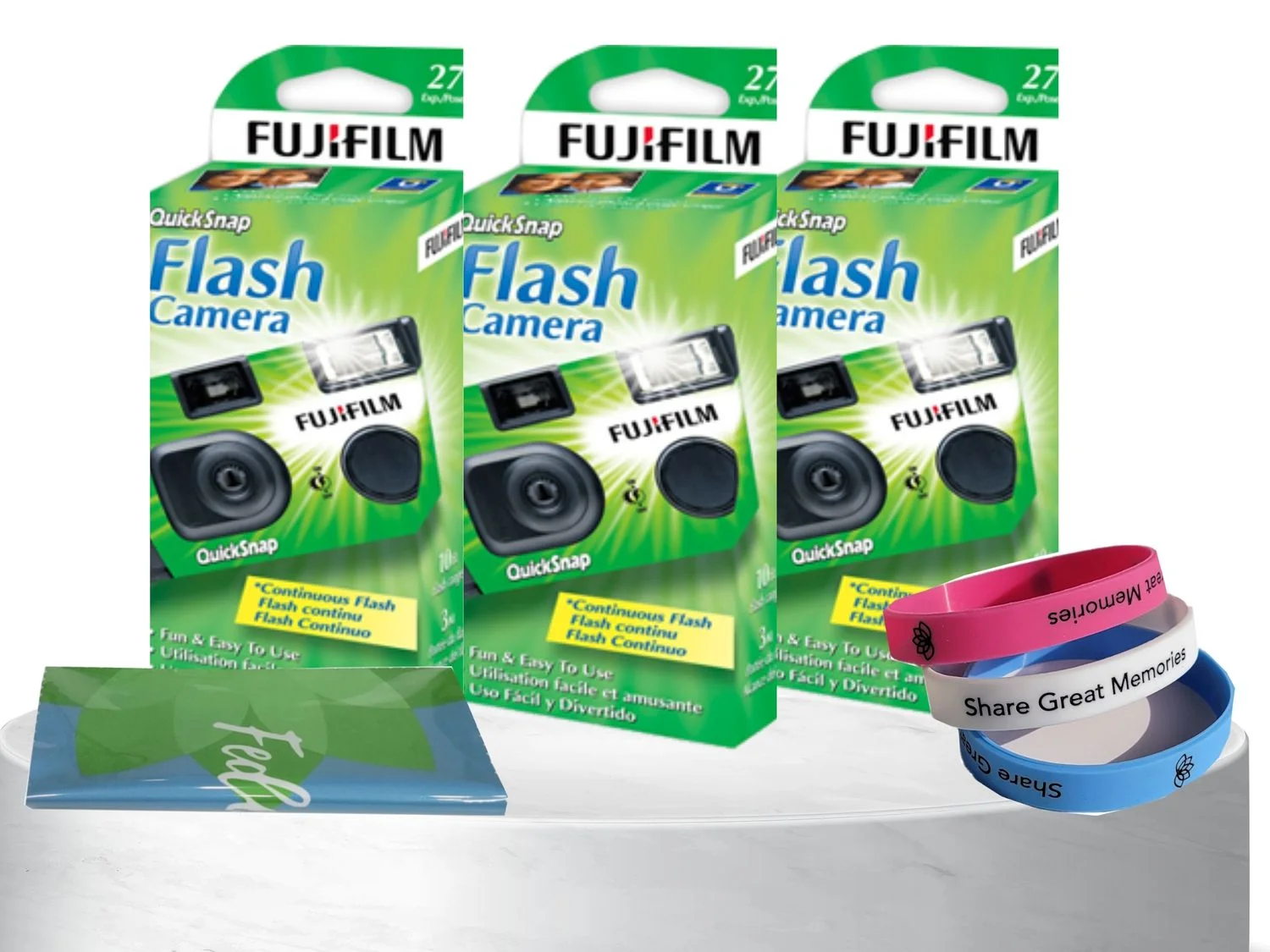 Fujifilm QuickSnap 7033661 Disposable Camera (3 Pack) Plus a Bonus Wrist Band and a Cleaning Cloth