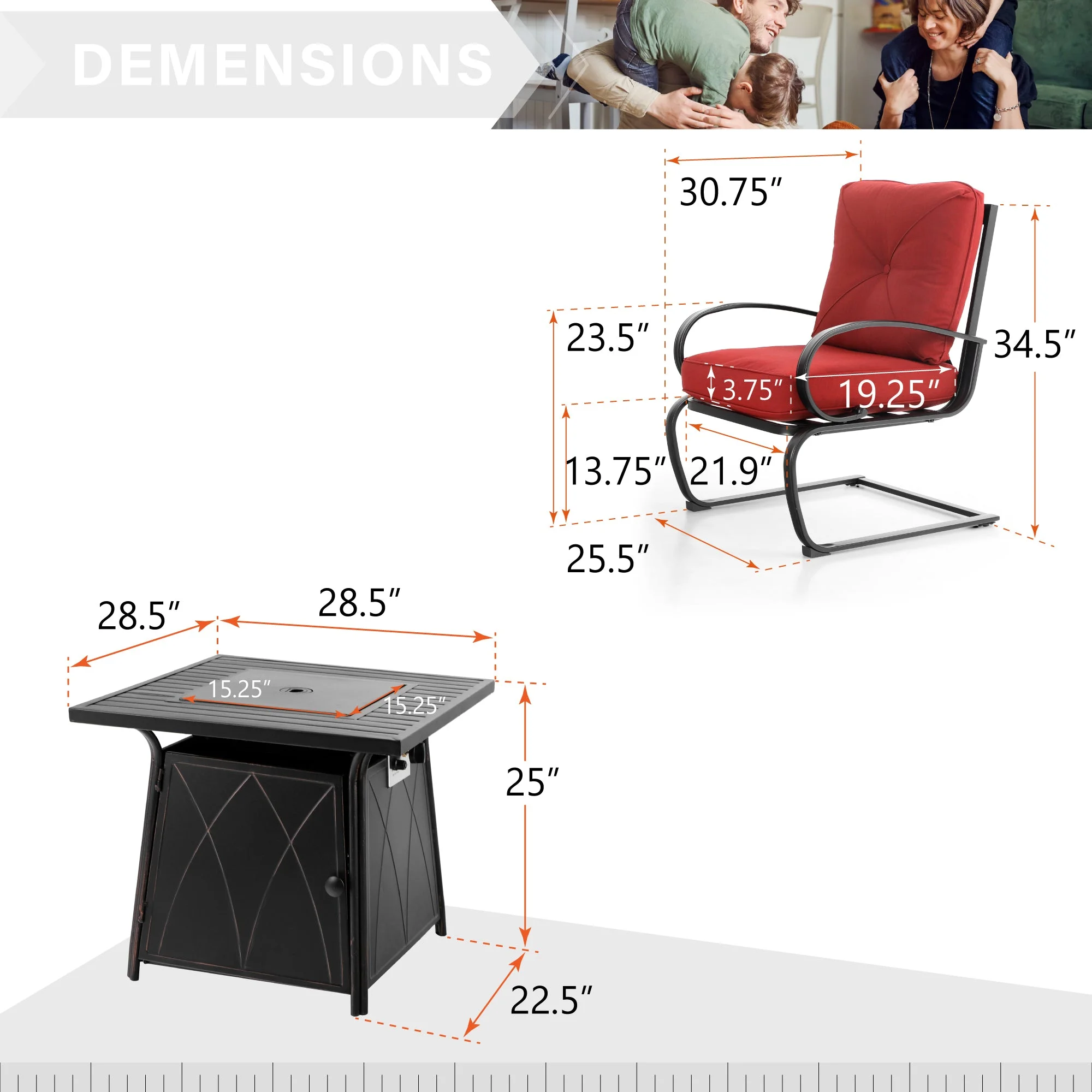 Sophia&William 5-Piece Patio Dining Set Padded C-Spring Chairs & 50,000BTU Fire Pit Table Set